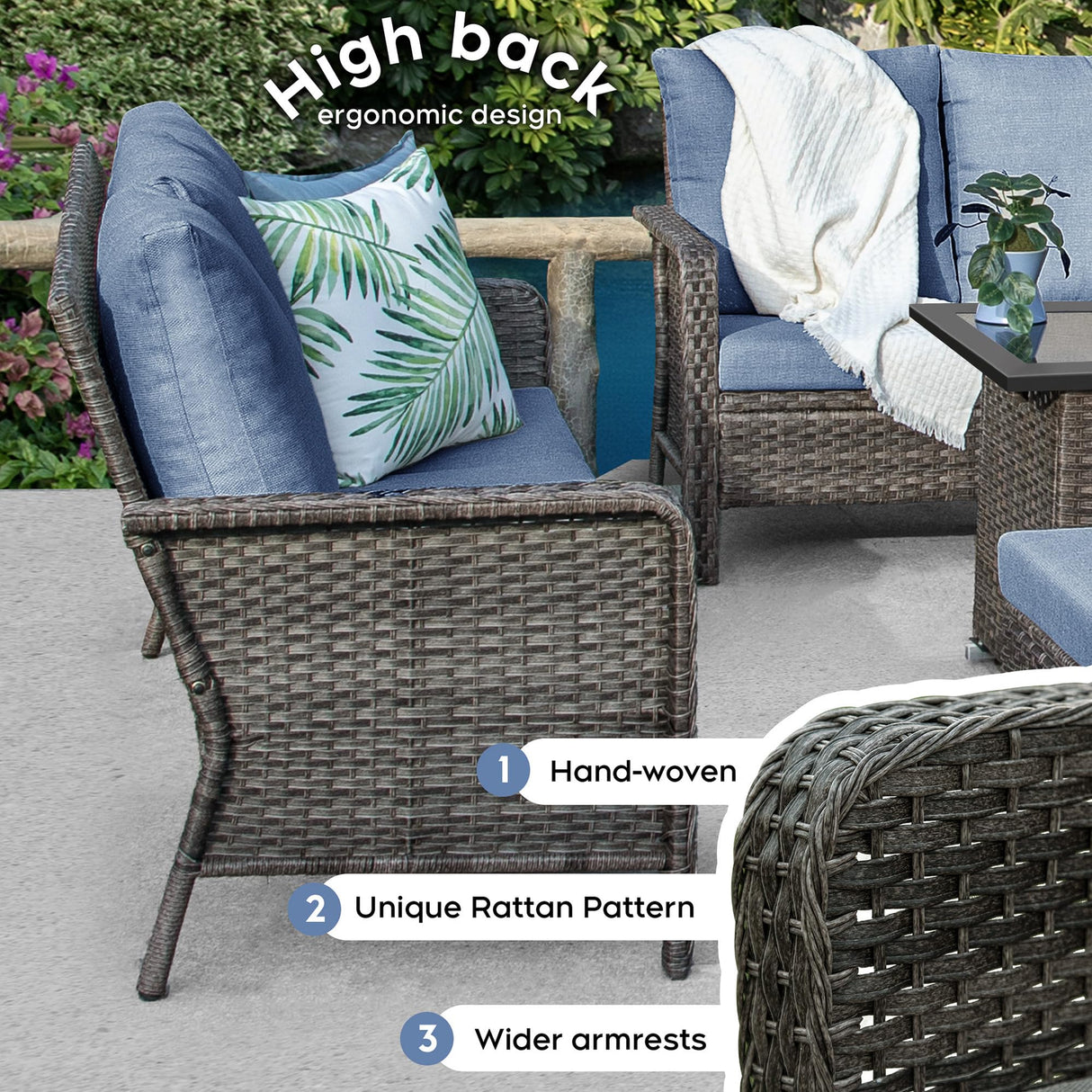 Brafab Outdoor Patio Furniture Set with 44" Gas Fire Pit Table - PE Wicker Patio Conversation Sets Cushioned Seat Couch - 9 Seats Outdoor Sectional Chair Sofa Set for Yard Garden Porch, Blue Brafab