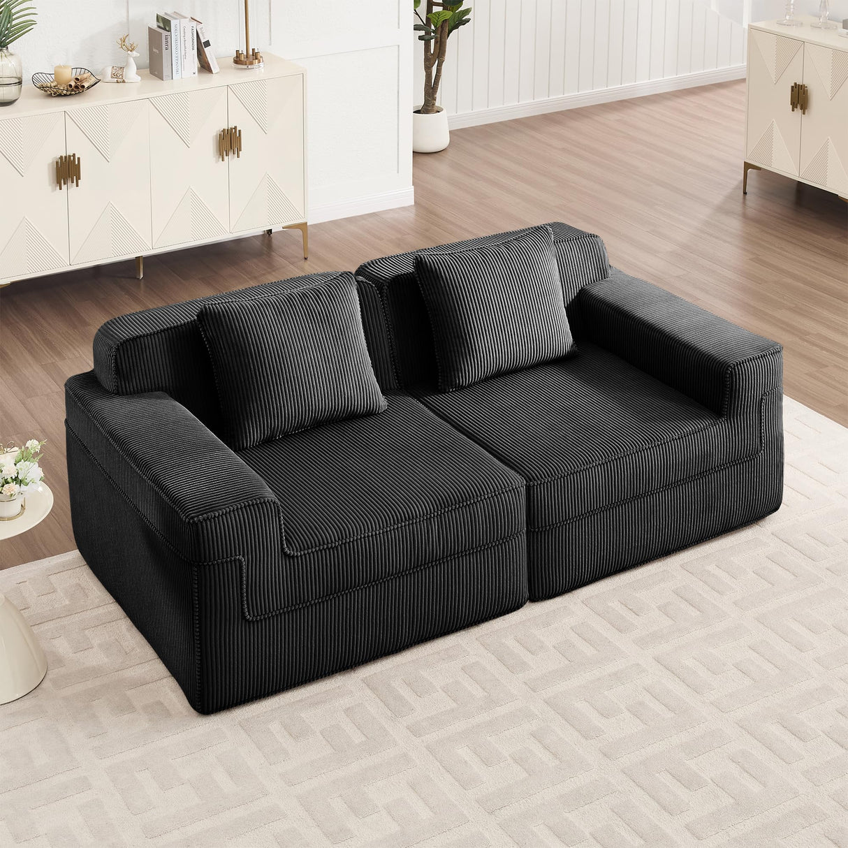 KEIKI Modular 2 Seat Loveseat Boneless Sofa, Cloud Sectional Couch with Deep Seat, Modern Modular 2-Seat Sofa Couch with Throw Pillows Corduroy Fabric, No Assembly Required, Black KEIKI