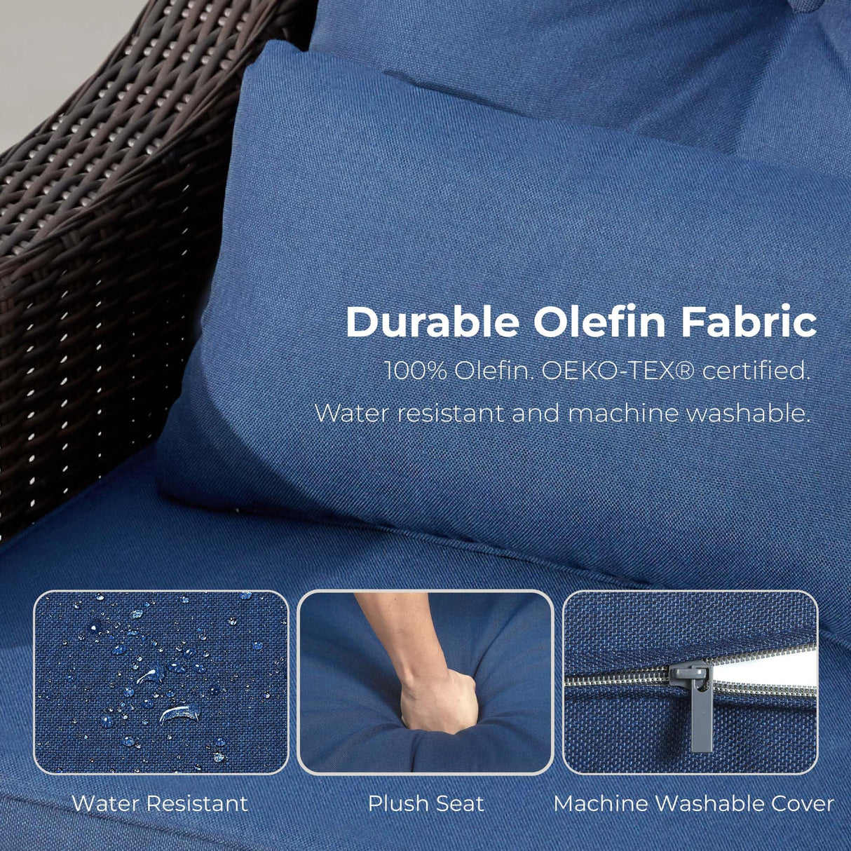 CHITA 5 Pieces Wicker Patio Furniture Set, Outdoor Conversation Set with 2 Pieces Rocking Swivel Chairs, 2 Pieces Ottomans and Side Table, Blue Cushions with Chestnut Wicker CHITA