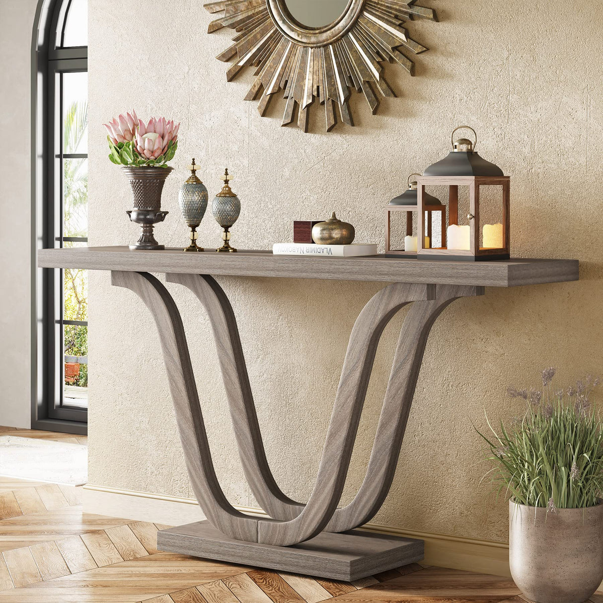 Tribesigns Farmhouse Console Table, 55 Inch Wood Sofa Table Entryway Table, Modern Narrow Hallway Tables Foyer Tables for Entryway, Living Room, Light Grey Tribesigns