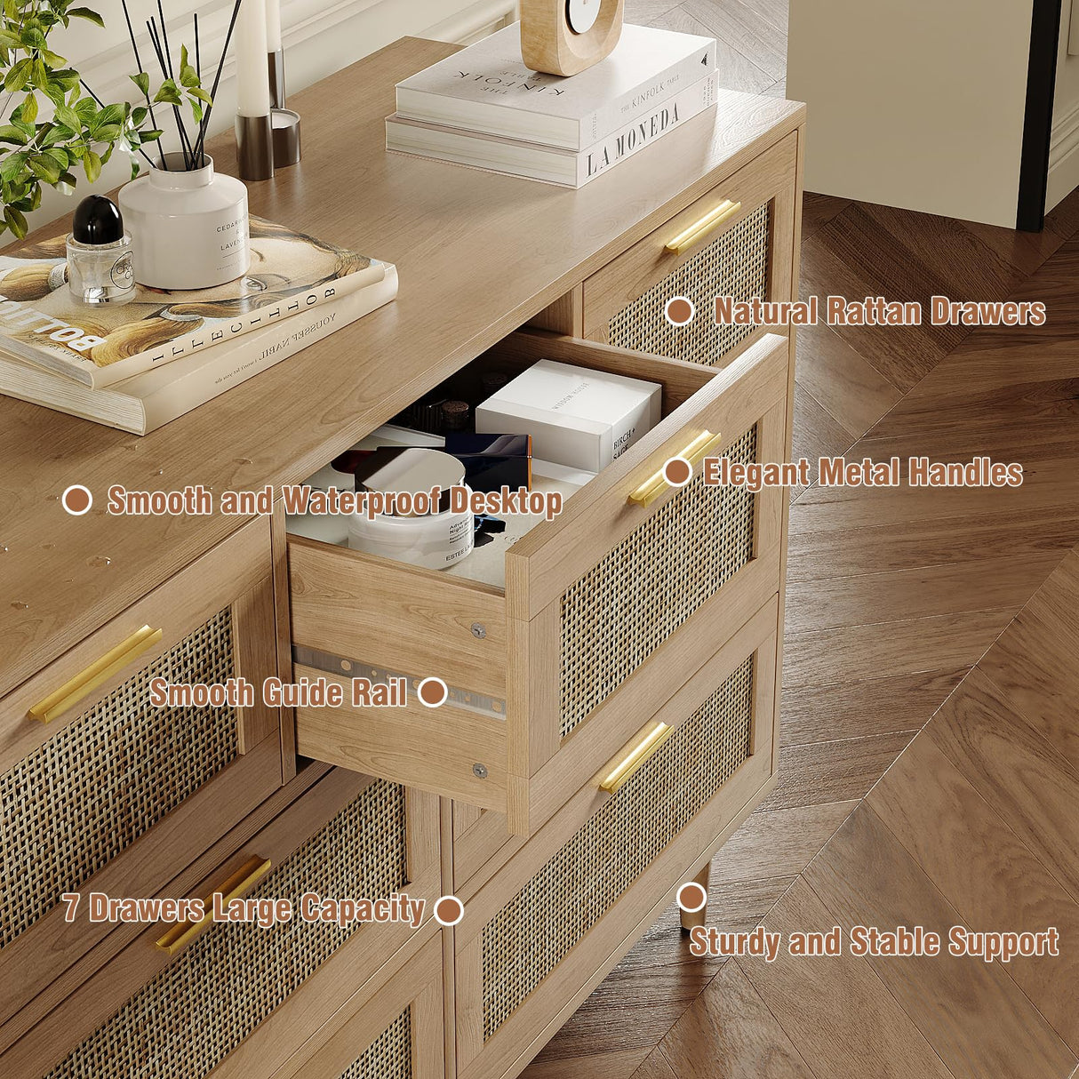 Trironsun Rattan Dresser for Bedroom 7 Drawer Wide Dresser Natural Boho Chest of Drawers Modern Wood Storage Dressers with Golden Handles for Living Room Closet Hallway Trironsun
