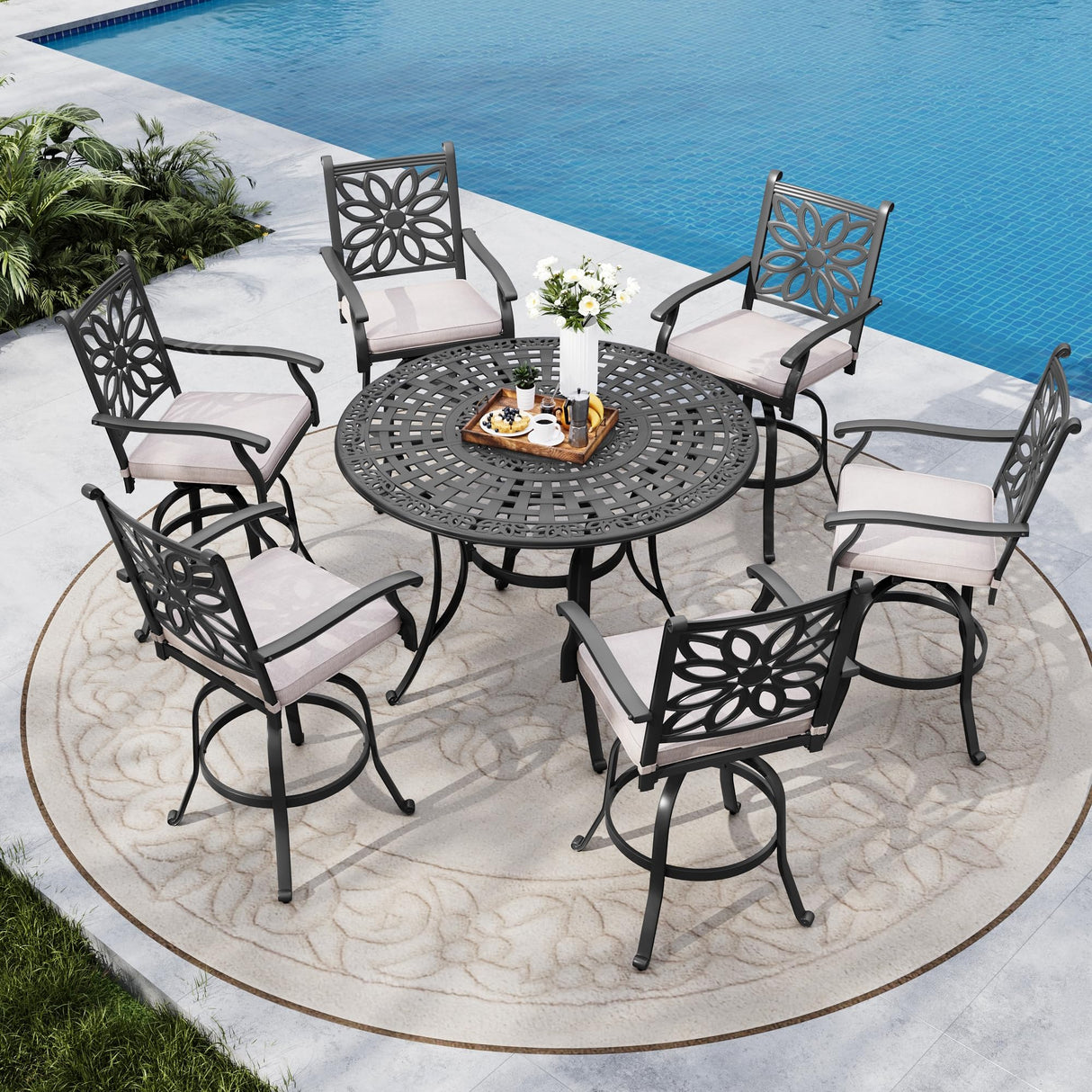MFSTUDIO Cast Aluminum Bar Height Patio Dining Set of 7, Outdoor Table and Chairs Set with 1×54" Round Aluminum Patio Table and 6×Swivel Outdoor Bar Stool MFSTUDIO