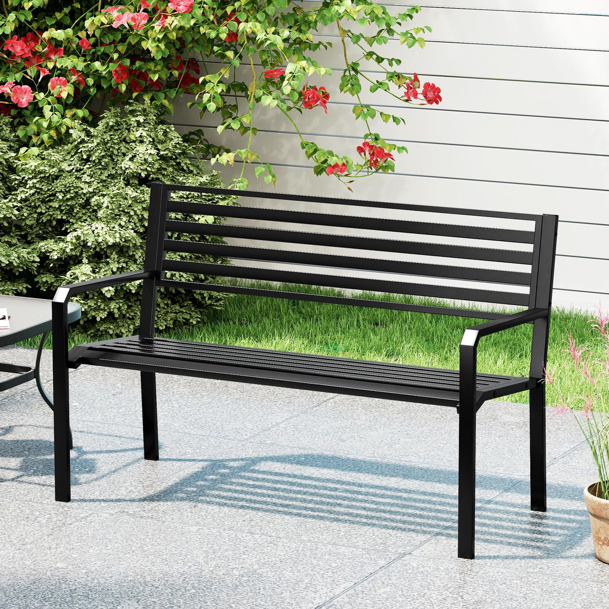 Tangkula 50” Outdoor Metal Park Bench, Patio Slatted Garden Bench for 2-3 People with Armrests & Backrest, Heavy-Duty Modern Seating for Backyard, Poolside, Porch Tangkula