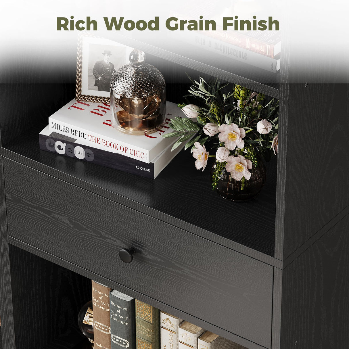 IRONCK Bookcase and Bookshelves, 70" Tall Bookshelf Floor Standing 6 Tiers Display Storage Shelves, Book Shelf with Drawers for Home Office, Living Room, Bedroom, Library, Black IRONCK