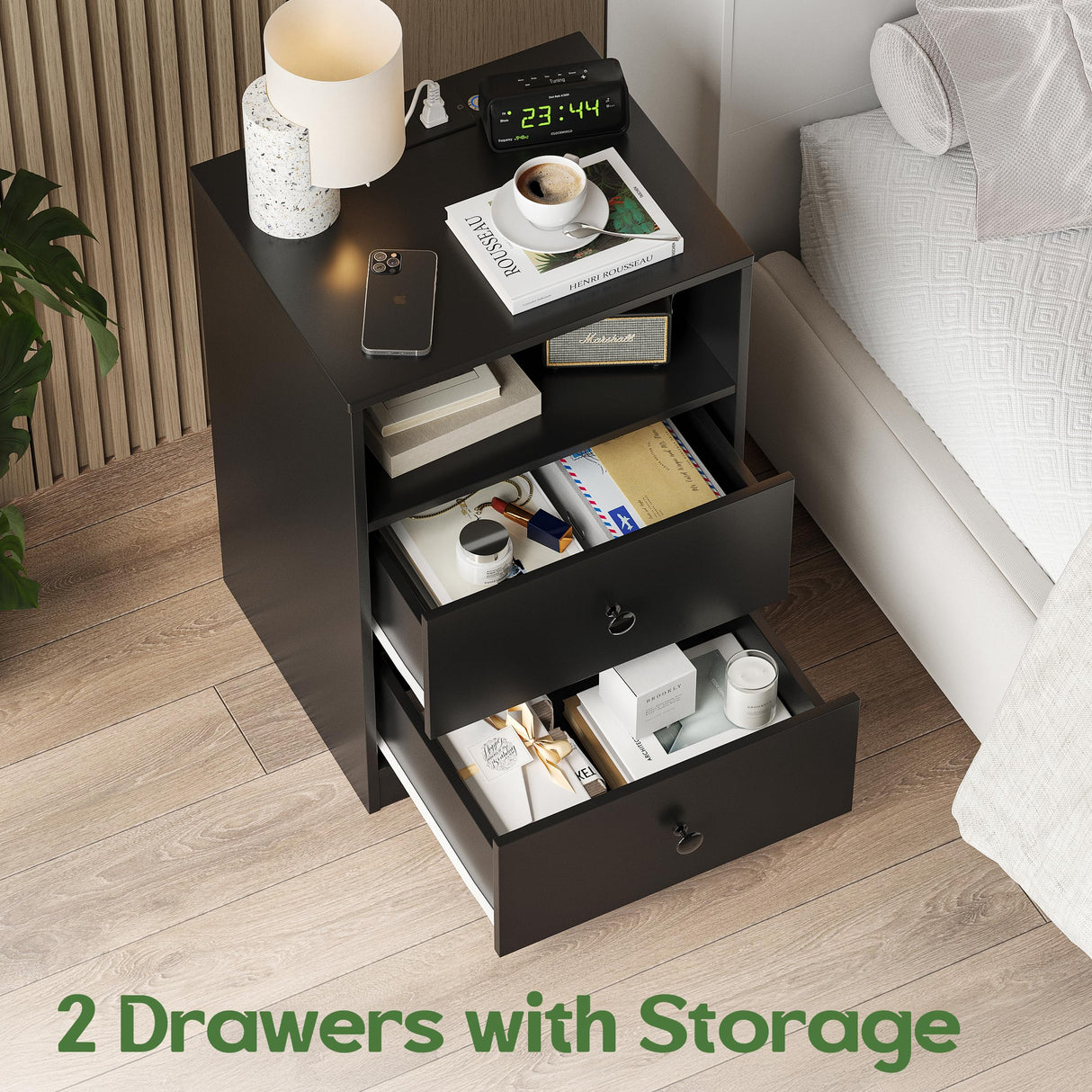 AYEASY Night Stand with Charging Station, LED Wood Black Nightstand Bedside Table with 2 USB Ports & Outlets, Nightstands with 2 Large Drawers, End Side Table Dresser with Storage Shelf for Bedroom. AYEASY