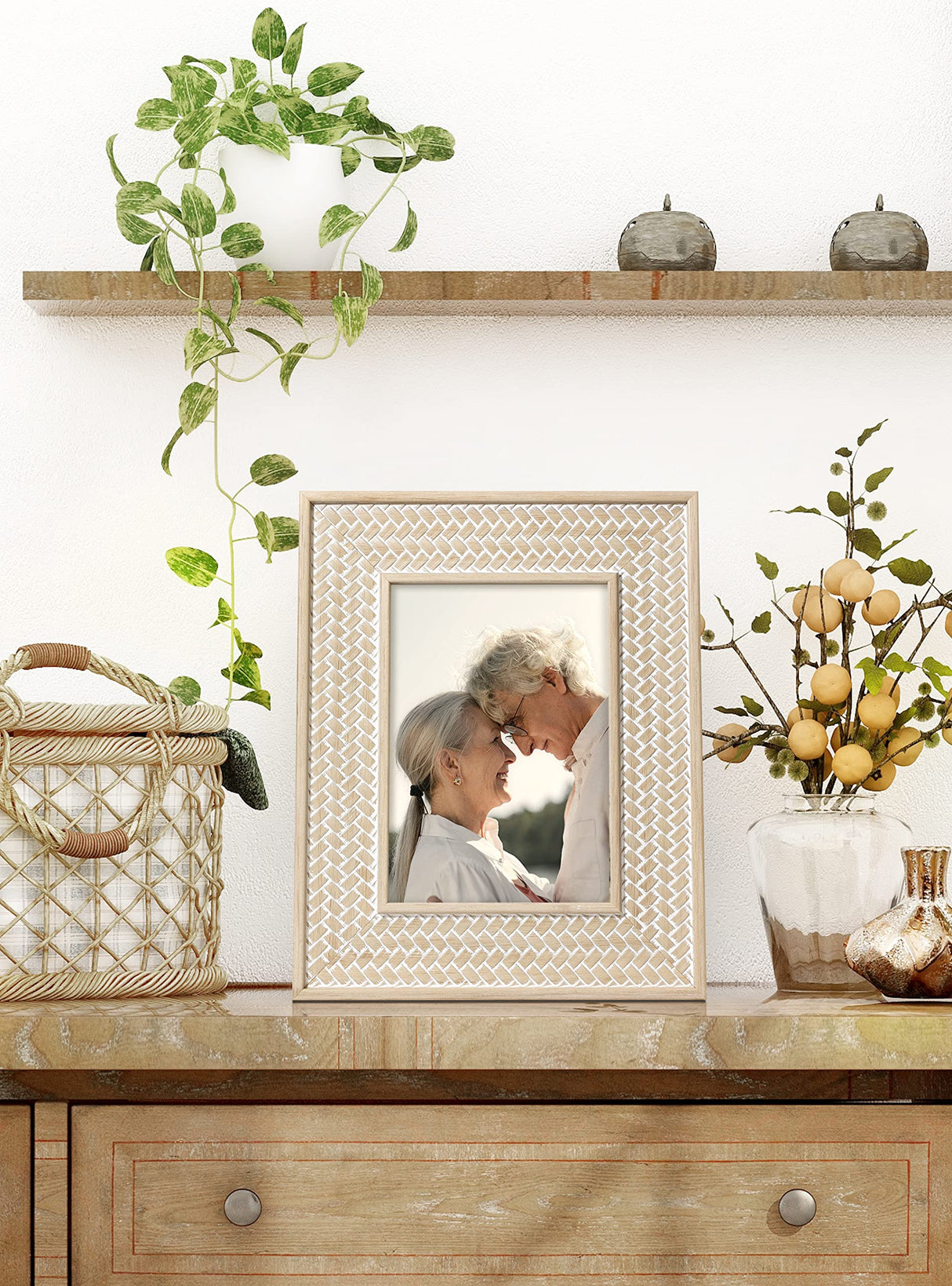 Afuly 5x7 Picture Frame Natural Boho Picture Frames Beige Chic Bohemian Photo Frame Desk Picture Frames for Wall Hangings Home Decor, Wedding Gifts for Couple Grandma Mom Women Afuly