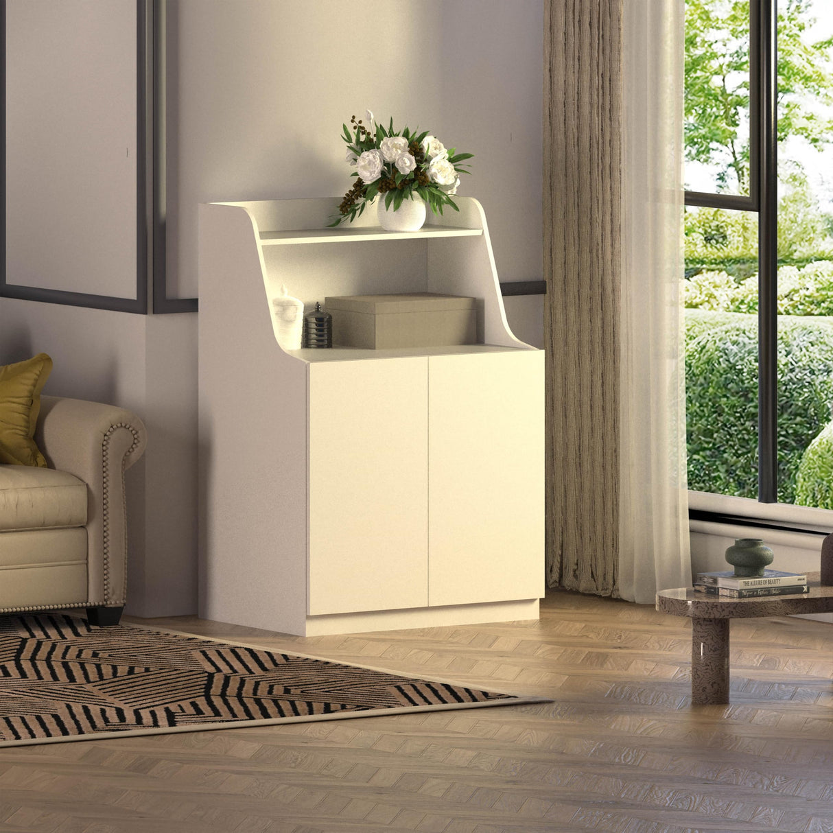 Amunrbrek Large/Tall Litter Box Enclosure, Modern Wooden Litter Box Furniture for XL Litterbox with Open Shelf as Sideboard Cabinet (White) amunrbrek