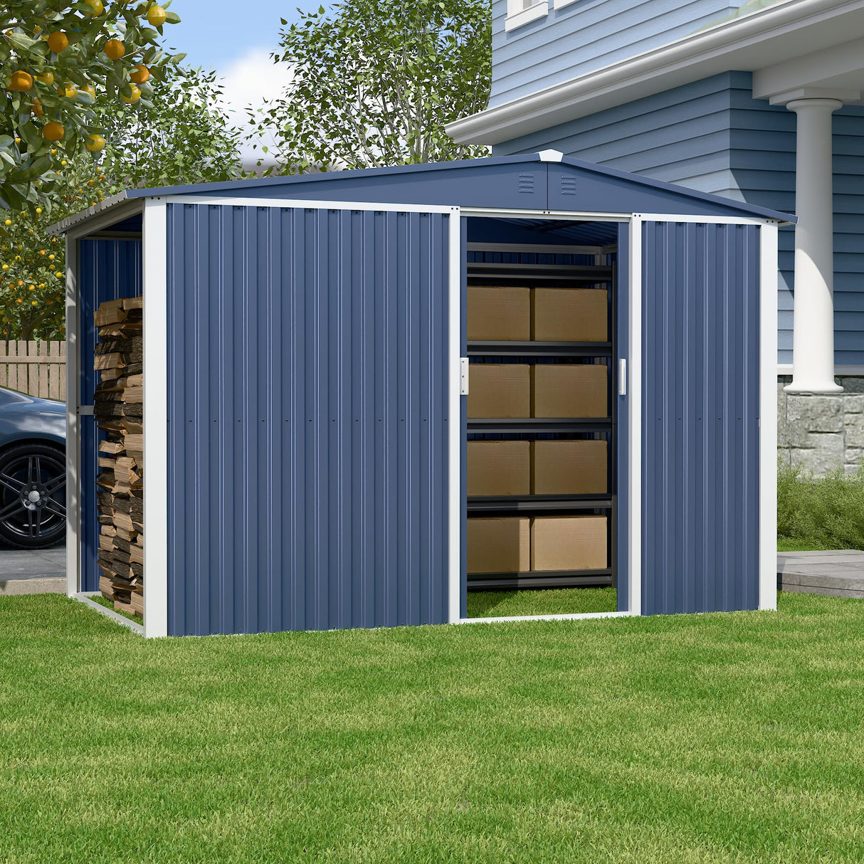 Metal Outdoor Storage Shed 10FT x 6FT with Firewood Storage, Steel Utility Tool Shed Storage House with Sliding Door, Metal Sheds Outdoor Storage for Backyard Garden Patio Lawn, Blue SUXXAN