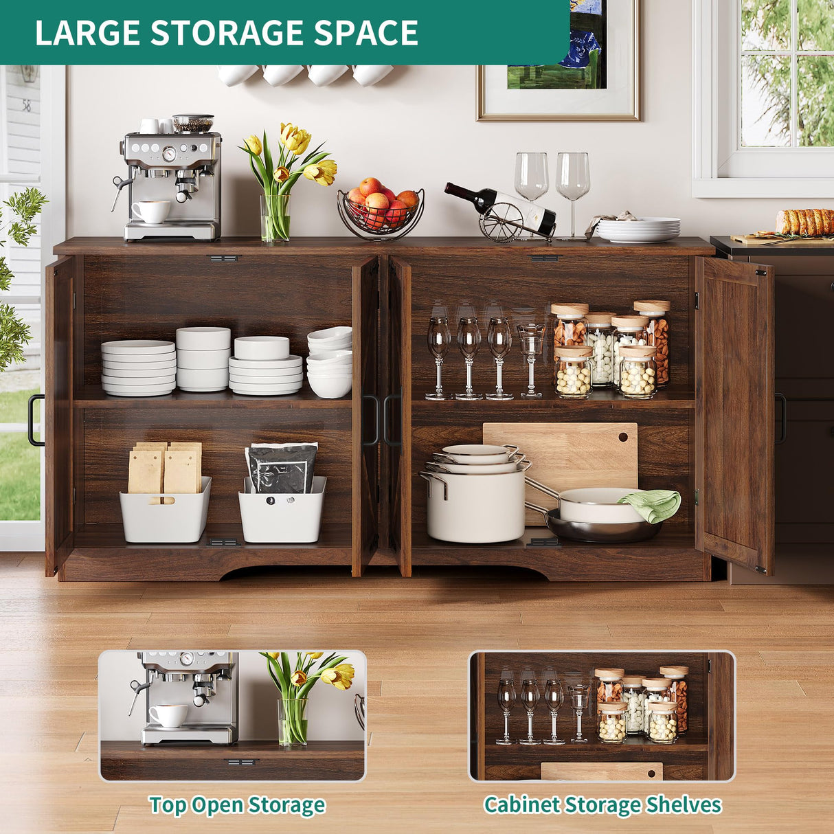 YITAHOME 62" Farmhouse Buffet Cabinet with Storage, Large Coffee Bar Cabinet, Kitchen Sideboard with Adjustable Shelves for Living Room, Entryway, Kitchen, Dark Walnut YITAHOME