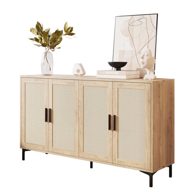 Sideboard - Kitchen Buffet Cabinet with Rattan Decorated Doors, 4 Doors Accent Sideboard Cabinet, Coffee Bar Cabinet Rattan Sideboard for Dining Room, Kitchen, Hallway, Cupboard Console Table,Natural