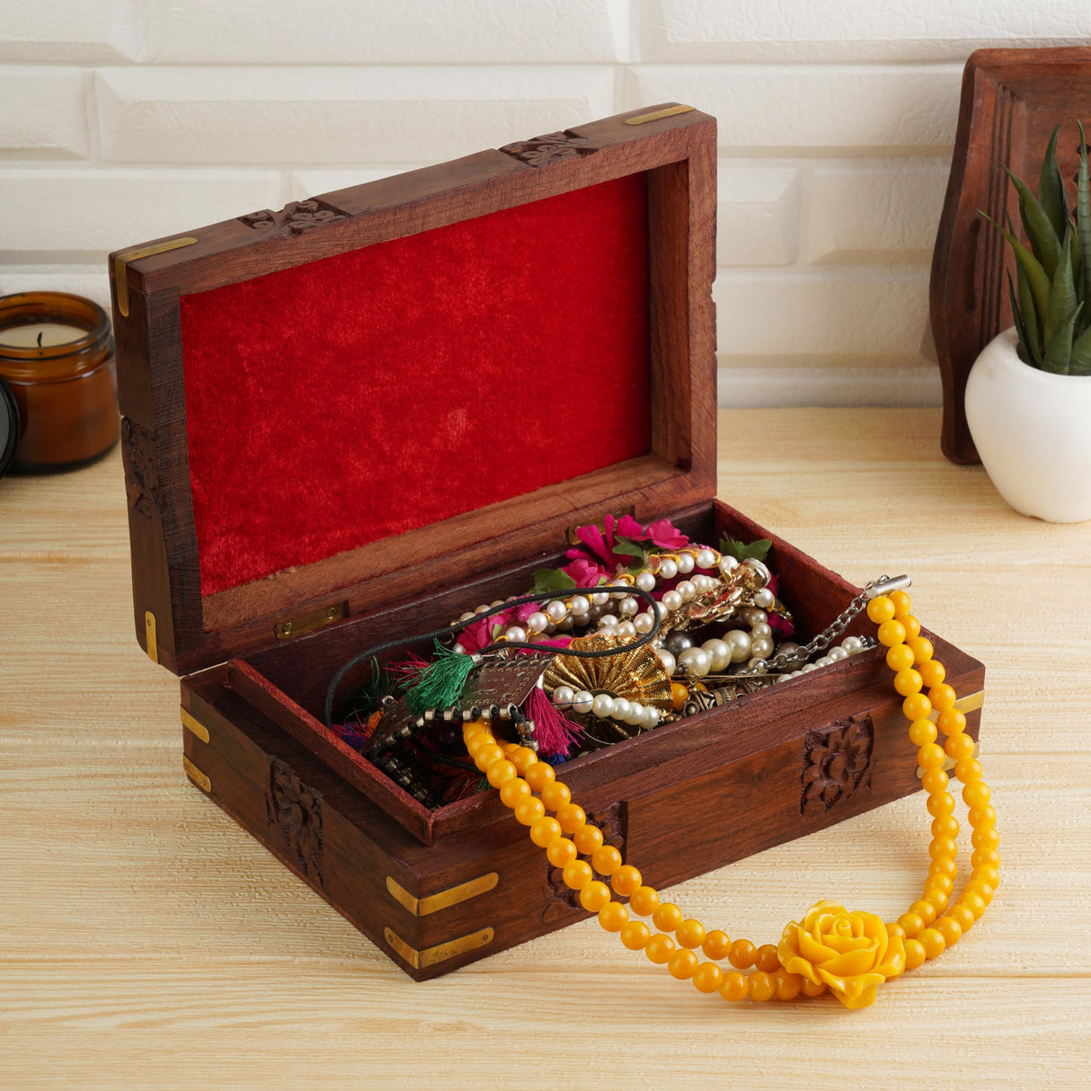 Ajuny Beautiful Wooden Handcrafted Decorative Jewelry Storage Box Patti Leaf Flower Carvings Multipurpose Treasure Chest Organizer Travel Keepsake Trinket Holder Watch Box Gift Ajuny