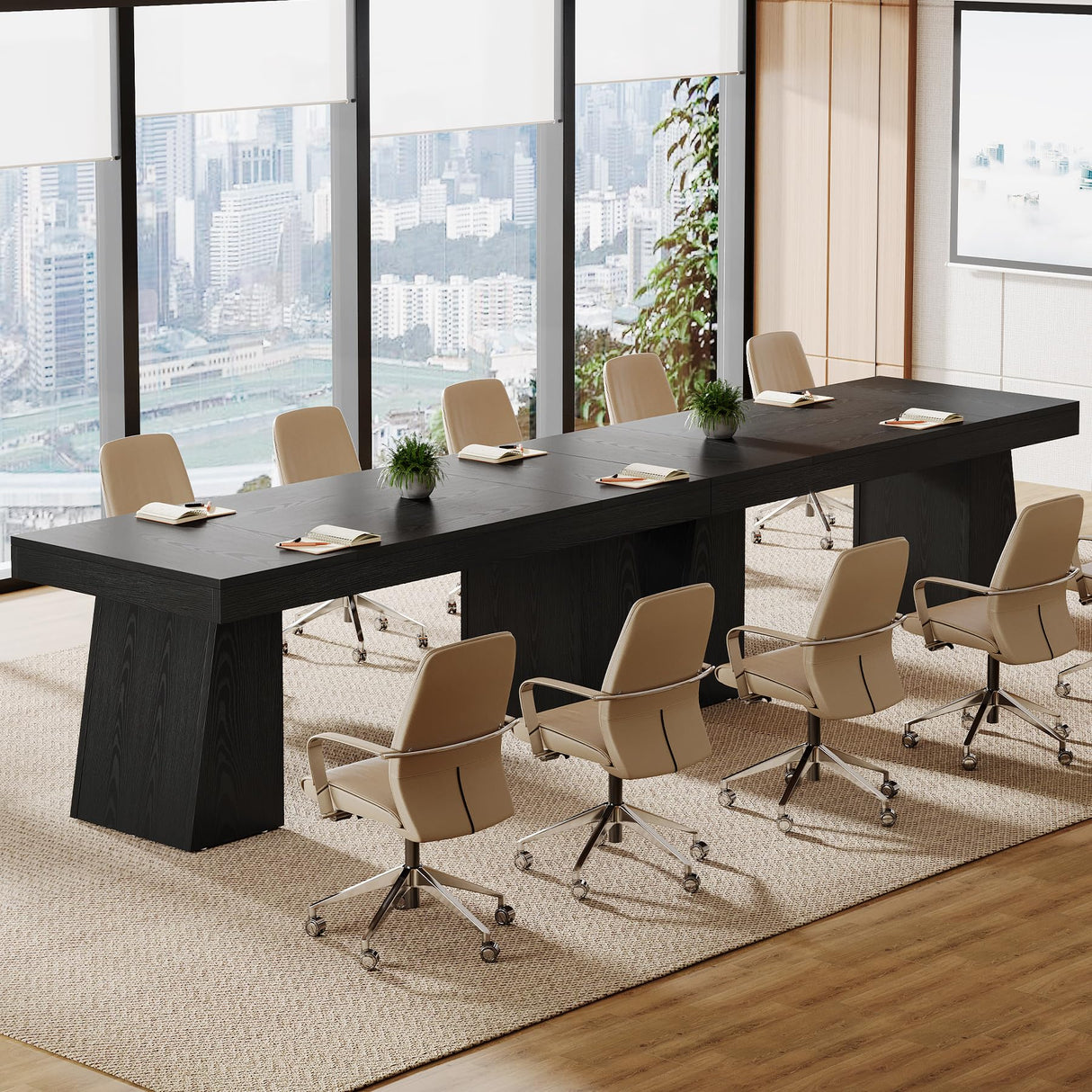 Tribesigns 55.1" W Conference Table for 4-6 People, Modern Meeting Table with Thick Tabletop and Double Trapezoidal Legs, Small Wood Seminar Desk Office Furniture for Conference Room, Black Tribesigns
