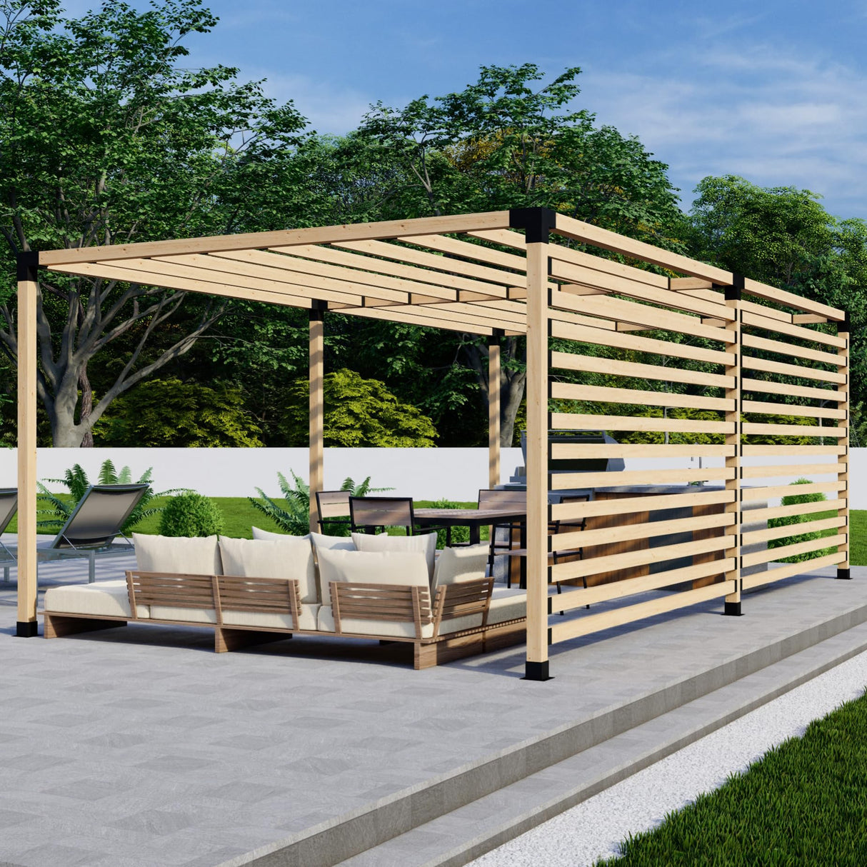 Hardware Kit for Up to 24' x 12' Wooden Stand-Alone Pergola with Roof (14 Inline Rafters) + 2 Privacy Walls (13 Slats Each) Zen Pergolas
