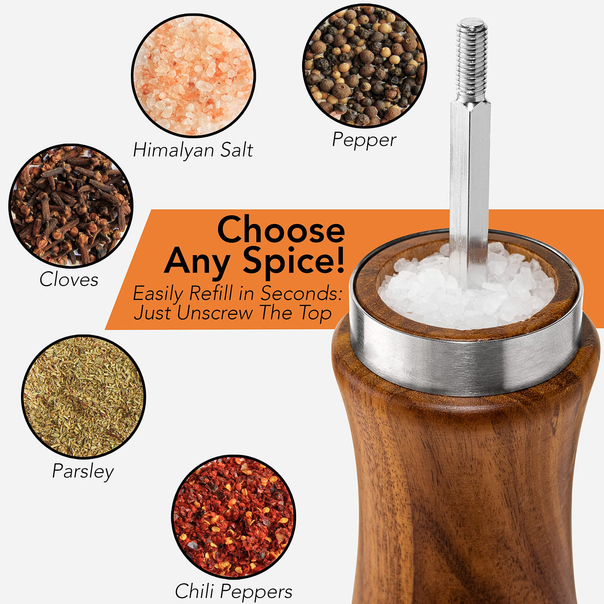 Gennua Kitchen Wooden Salt and Pepper Grinder Set: Refillable Salt & Pepper Mills Adjust for Customized Coarseness, Crafted of Solid Acacia Wood with Ceramic/Stainless Steel Core, 8 Inches Each Gennua Kitchen