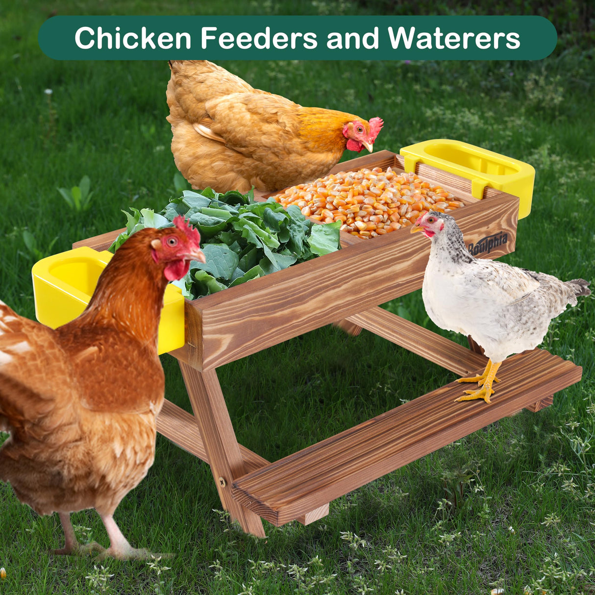 Boulphia Chicken Feeders and Waterers, Chicken Feeder No Waste Kit with Chicken Picnic Table and 2 Chicken Water Feeder, Handmade Wooden Chicken Supplies & Accessories for Chicken Coop Boulphia