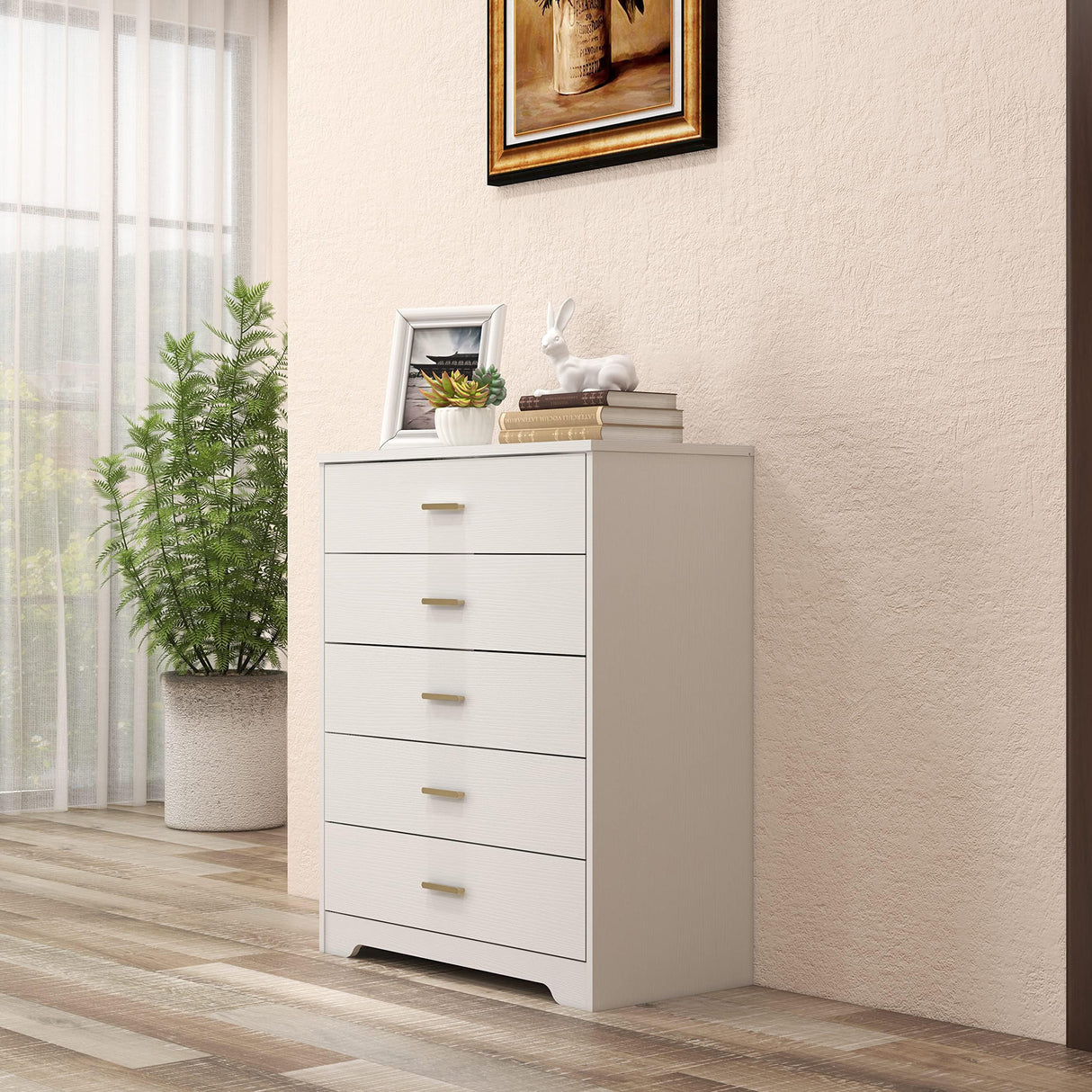 Panana Dresser for Bedroom with 4/5 Drawers, Wooden Chest of Drawers, Storage Organizer Unit Dressers for Bedroom, Living Room, Hallway, Nursery (White, 5 Drawer) Panana