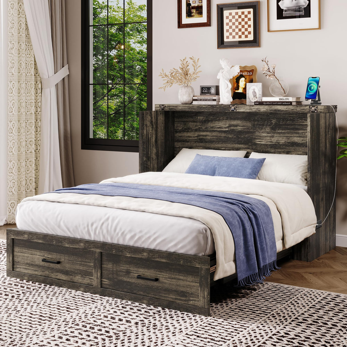 Bellemave Queen Murphy Bed, Cabinet Bed with Charging Station and 1 Large Storage Drawer, Farmhouse Murphy Cabinet with Foldable Panel, Noisy Free, for Guest Bedroom, Living Room, Rustic Gray Bellemave