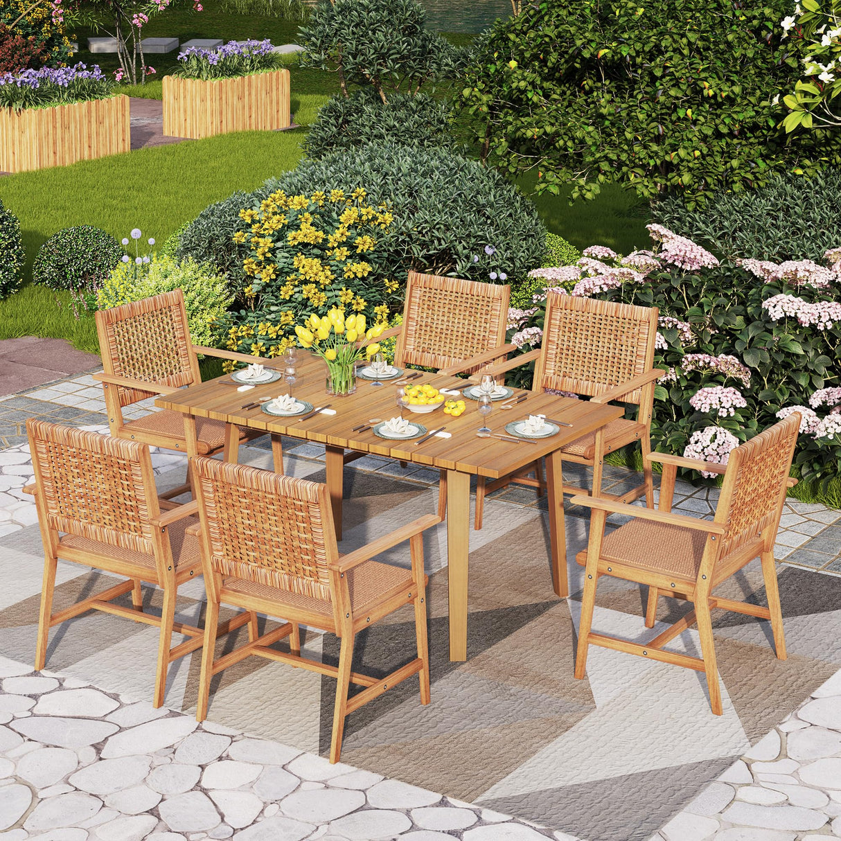 PHI VILLA Outdoor Acacia Wood Dining Chairs Set of 6, Armchairs with Strong Wicker Back & Seat, Farmhouse Style Teak Patio Deck Yard Balcony Garden Furniture PHI VILLA