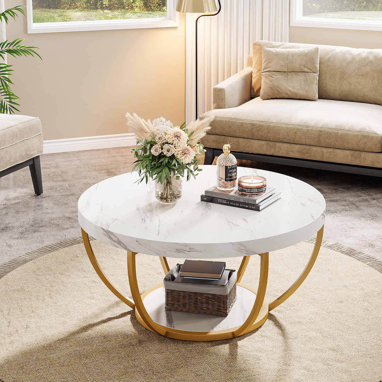 Tribesigns Modern Round Coffee Table, 2 Tier Coffee Table with Faux White Marble and Golden Metal Legs, Circle Center Table Tea Table Accent Furniture for Living Room, White and Gold Tribesigns