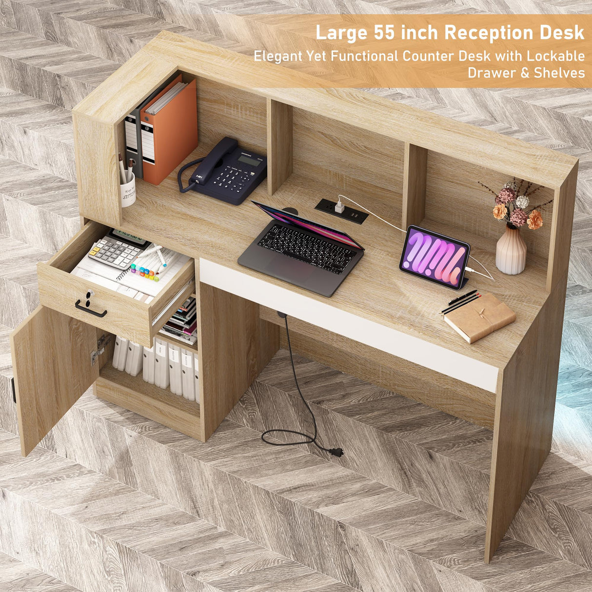 55" Reception Desk with LED Lights Power Outlets,L-Shaped Modern Front Desk Reception Room Table with Cable Grommet,Lockable Drawers,Retail Checkout Counter for Lobby,Salon,Home Office Desk,Oak Hlivelood