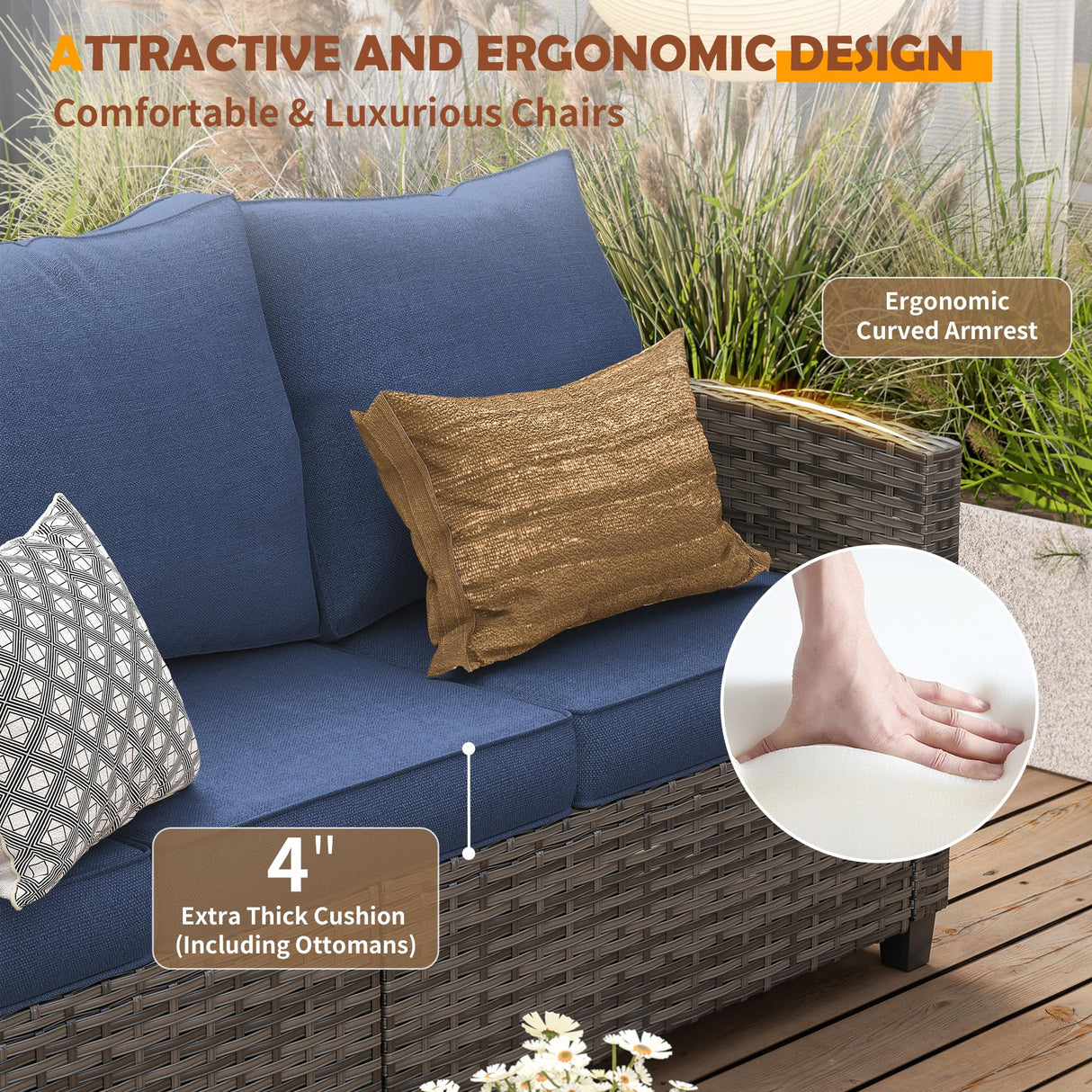 UDPATIO Outdoor Patio Furniture Set with 44" Fire Pit Table, 8 Pieces Sectional Conversation Sets, All-Weather Wicker Rattan Sofa Ottoman with 4" Thick Cushion for Garden Backyard Deck, Navy Blue UDPATIO