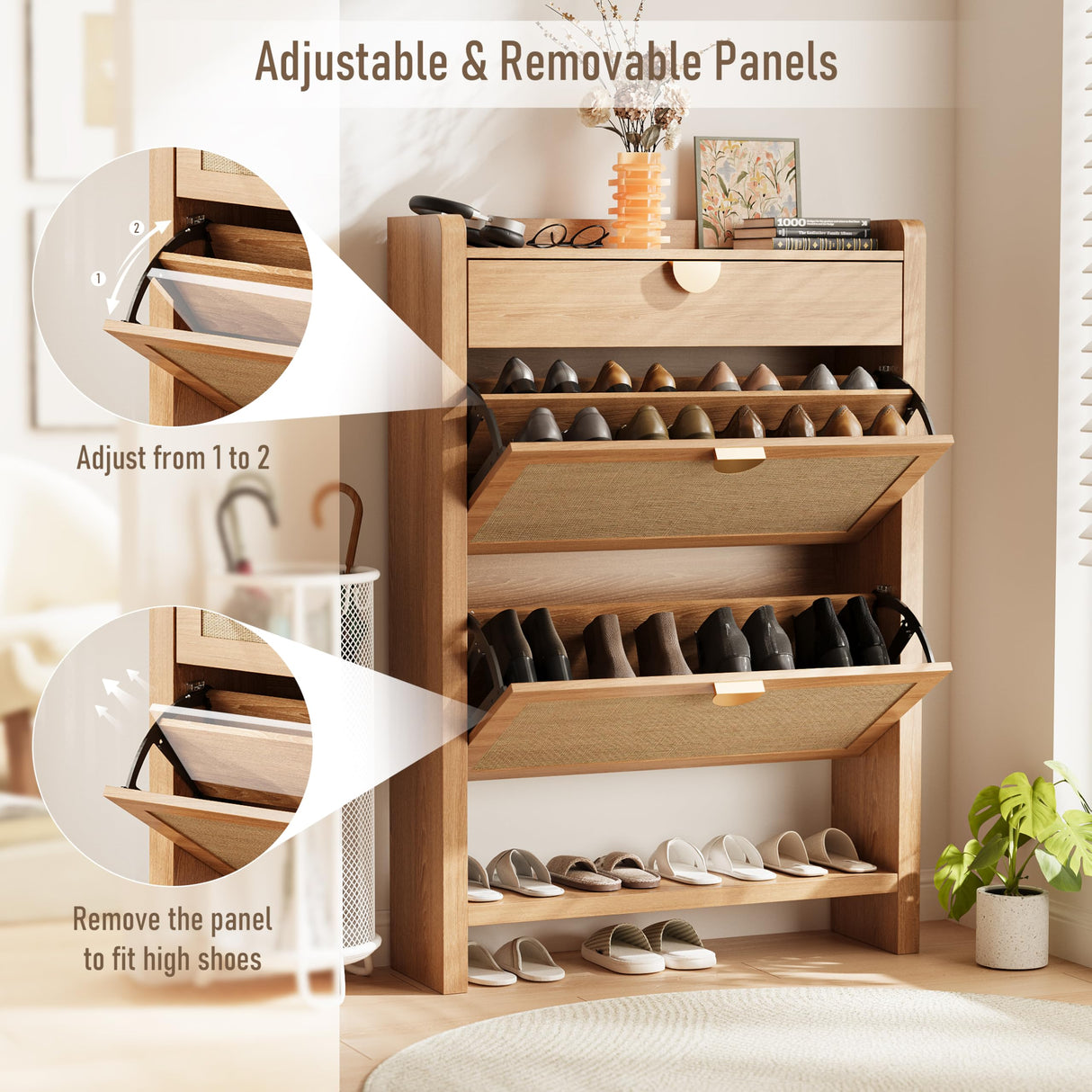 INNOD Rattan Shoe Storage Cabinet, Shoe Organizer with 2 Flip Drawers, Narrow Shoe Cabinet, Free Standing Hidden Shoe Storage, Shoe Rack for Entryway/Hallway/Closet, Natural Oak INNOD