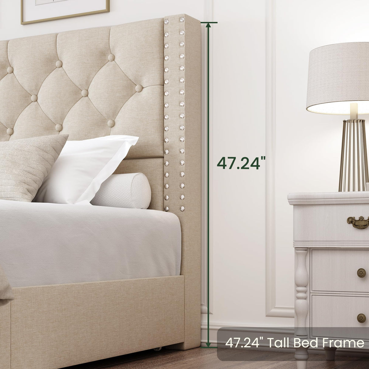 LARMACE Queen Size Bed Frame with 4 Storage Drawers and Tufted Headboard Linen Upholstered Platform Bed Frame with Heavy Duty Wood Slats, No Box Spring Needed, Easy Assembly, Beige LARMACE