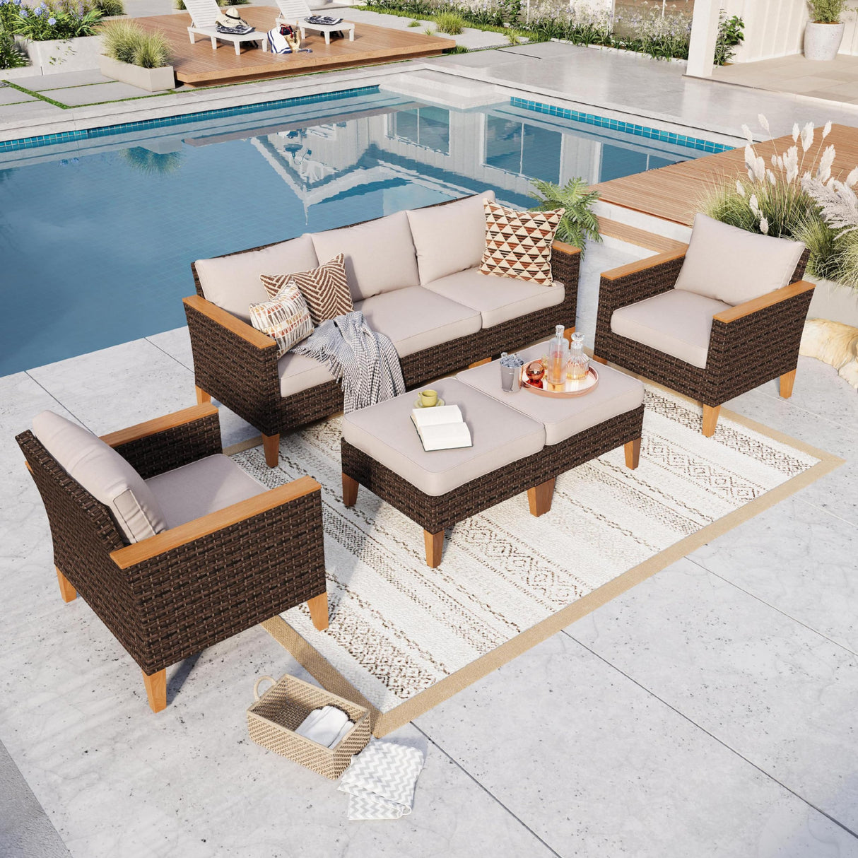 GREEN PARTY 7 Pieces Wicker Patio Furniture Set, All-Weather Outdoor Rattan Patio Sectional Sofa Conversation Set 7 Seats with 4" Thick Cushions for Garden, Backyard, 2 x Ottomans GREEN PARTY