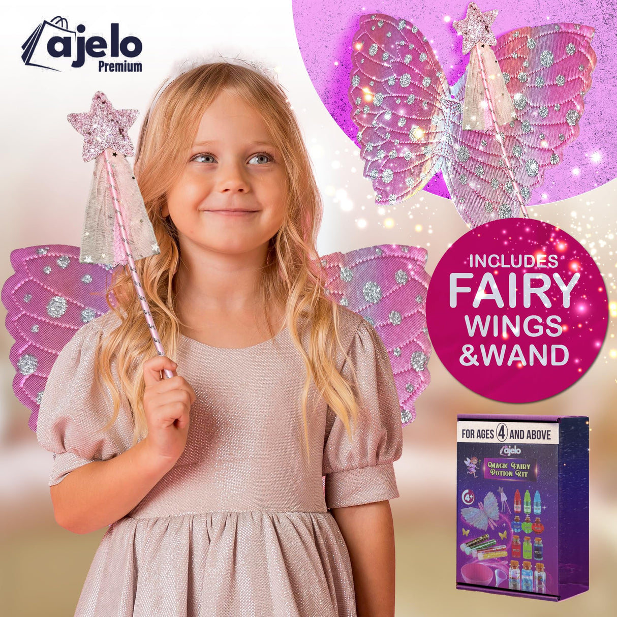 Ajelo Fairy Potions Kit for Kids Magic Set with Wings Wands, 15 Bottles, Halloween & Christmas Party DecorationsToys Girls & Boys Ages 4+ Years Ajelo