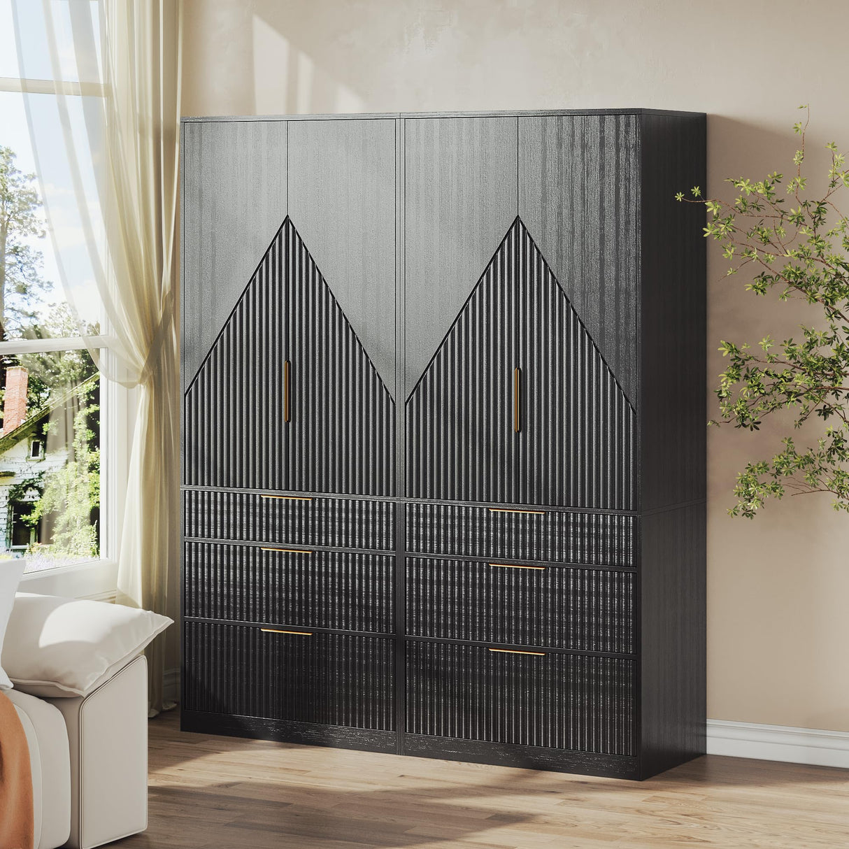 71.7" Wardrobe Armoire Wooden Closet with 2 Doors and 3 Drawers, Bedroom Armoire with Hanging Rod Shelf, Large Capacity Storage Wardrobe Armoire, Freestanding Wooden Closet Storage Cabinet Black TOKSOM