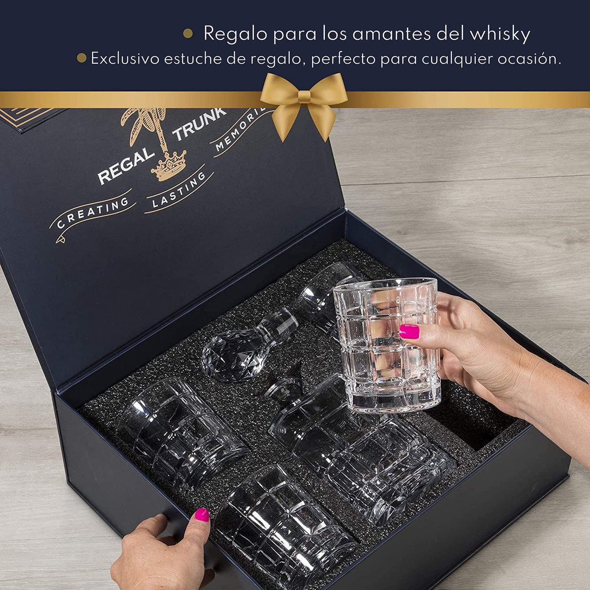 REGAL TRUNK & CO. Whiskey Decanter Set with Glasses, 4 Square Engraved Tumblers Whisky Decanter & Glass Set, Crystal Decanter Set Bourbon and Scotch, Gift Box and with Liquor Glass Polishing Cloth REGAL TRUNK & CO.