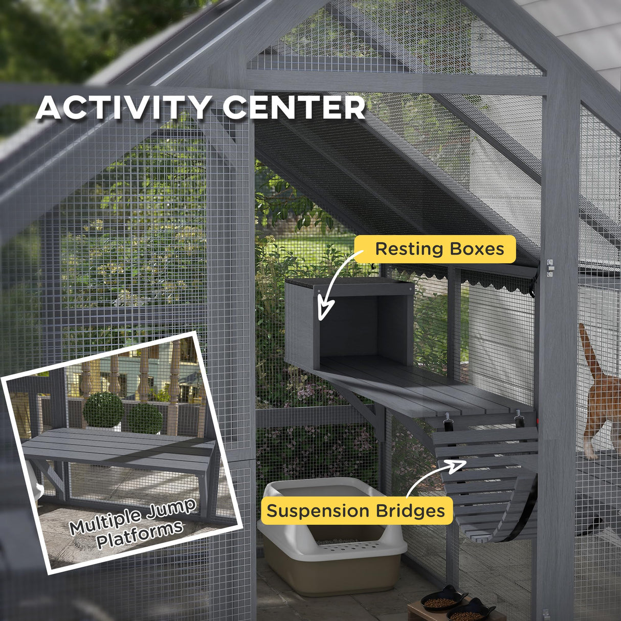 PawHut 9.2' Catio, Outdoor Cat Enclosure House, Wooden Feral Cat Shelter with Condos, UV and Waterproof Canopy, Suspension Bridges, Platforms & Multiple Doors for 3-6 Cats, Gray PawHut