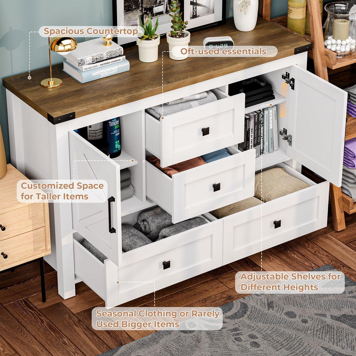 VVFLU Farmhouse White Dresser for Bedroom with 4 Drawers and 2 Barn Doors, White Wood Chest of Drawers 47 Inch Wide, Large, Long, Adjustable Shelves, 5 Legs, Living Dining Room, Entryway, Hallway VVFLU