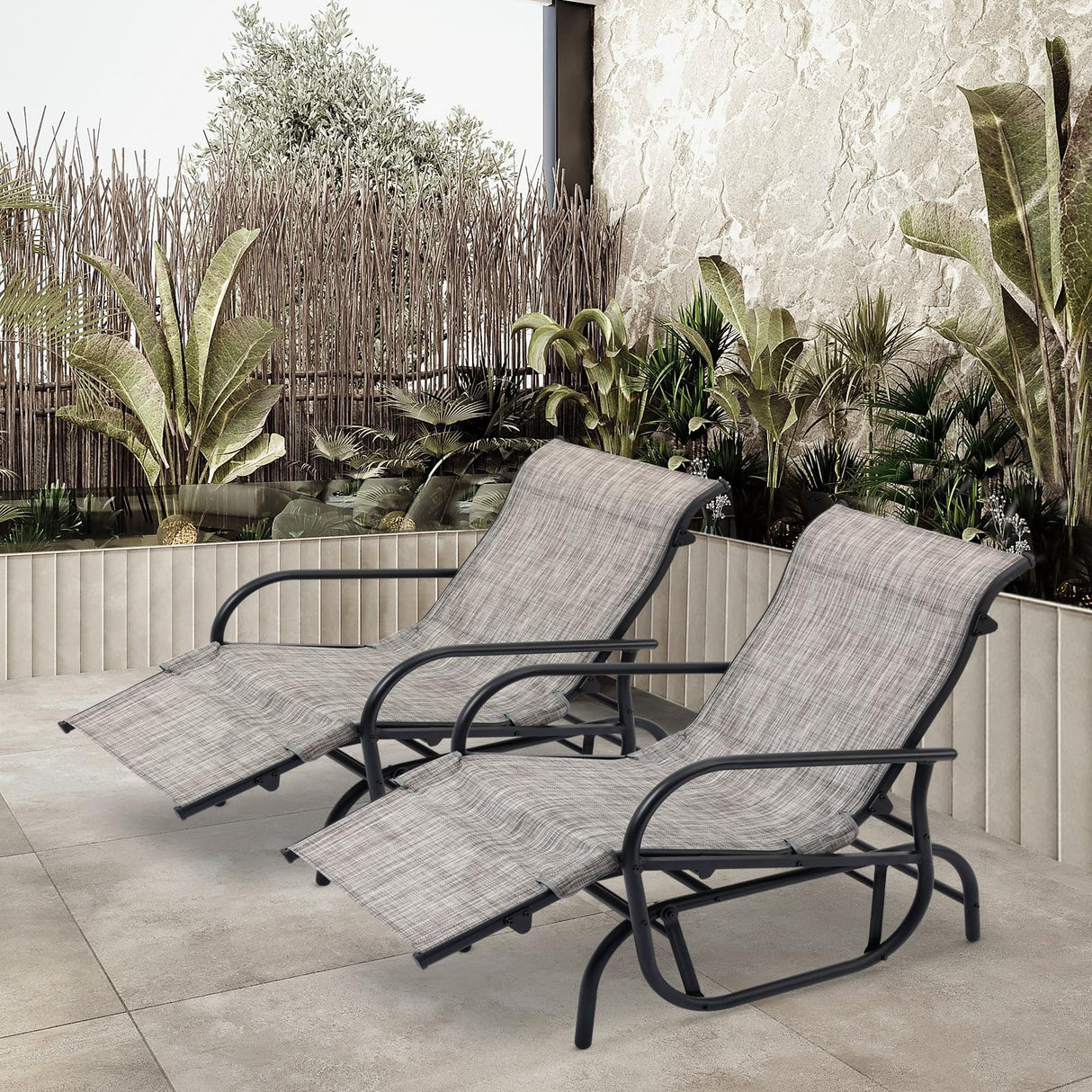 Patio Lounge Chairs Set of 2, Outdoor Glider Recliner Chair Set, 2 PCS Rocking Chairs with Breathable Mesh Fabric Swing Chairs with Foot Rest for Sunbathing, Lawn, Garden or Pool, Grey Garturects