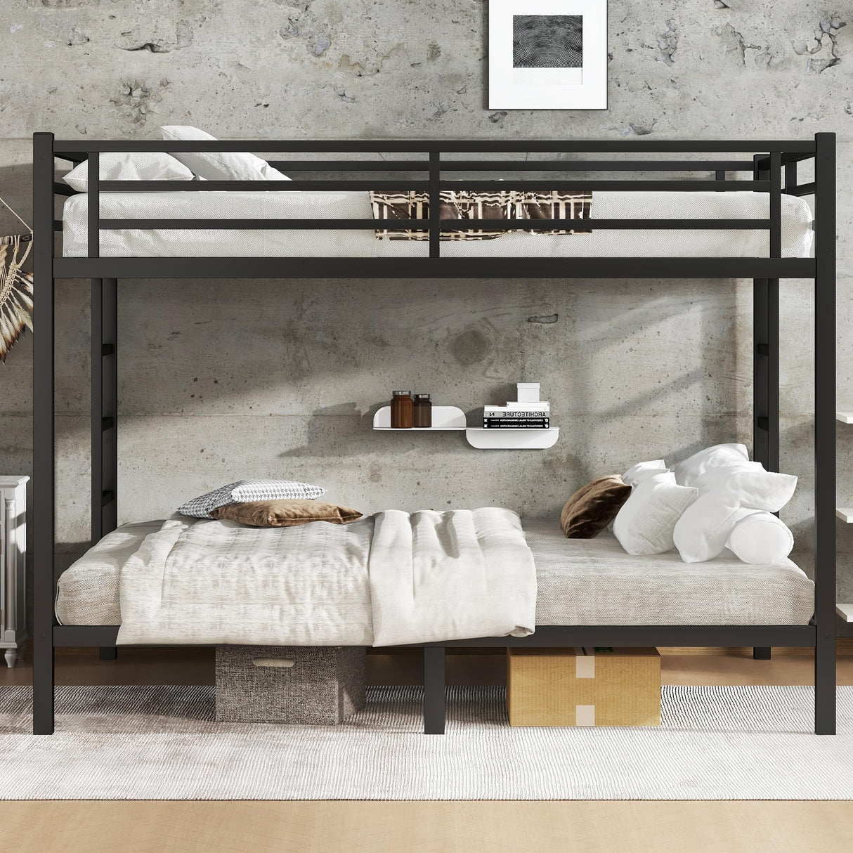 Bellemave Queen Over Queen Bunk Bed for Adults Teens, Metal Queen Bunk Bed with 2 Ladder & Safety Guardrails Heavy Duty Queen Size Bunk Beds with Noise-Reducing Rubber Stoppers, Easy Assemble, Black Bellemave