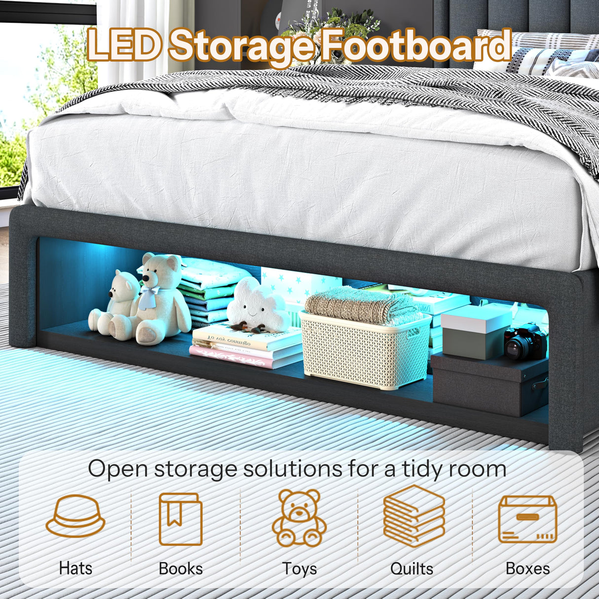 ChicZhiNest Queen Bed Frame with 2 Storage Drawers & Large Footboard Cabinet, LED Lights & USB Charging Station, Linen Upholstered Platform Bed with Headboard, No Box Spring Needed, Dark Grey ChicZhiNest