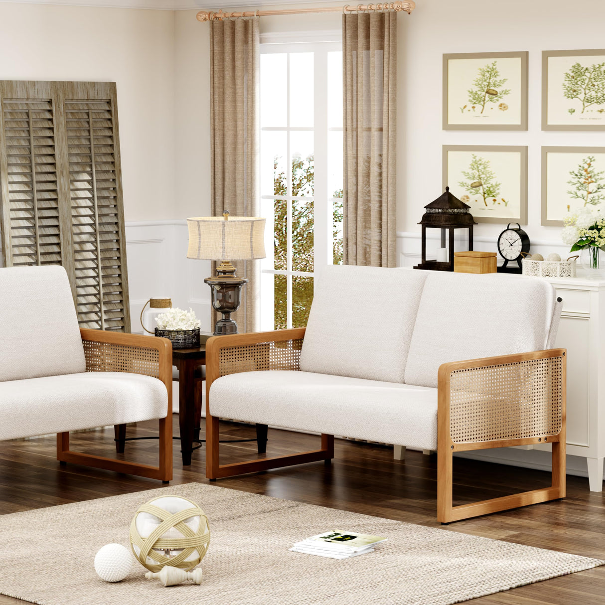 Apeaka Small Loveseat Sofa with Rattan Arms Linen Mini Couch for Living Room Bedroom Modern Upholstered Love Seat with Wood Legs Ivory Apeaka