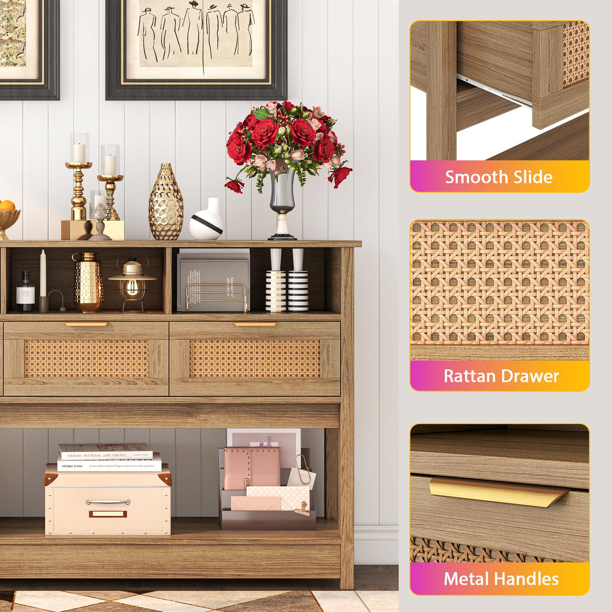 knoworld Rattan Console Table, Entryway Table Sofa Table with Storage, Hallway Foyer Table Behind Couch Table, Wood Console Tables Open Storage Shelf for Living Room, Hallway knoworld