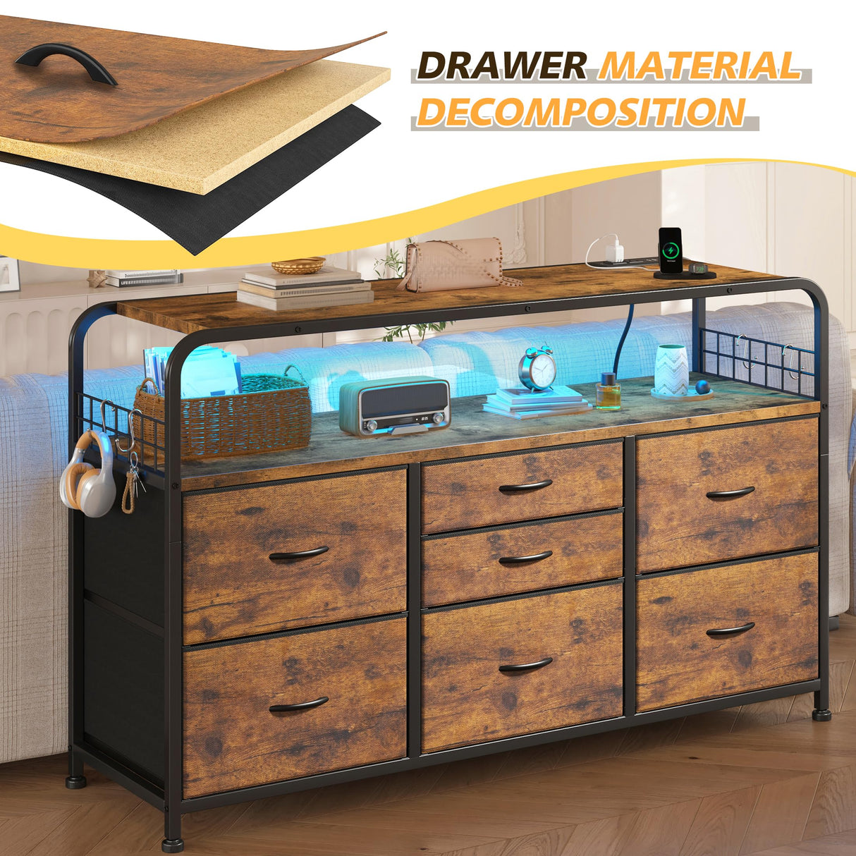 EnHomee Dresser for Bedroom with LED Lights & Charging Station, 7 Drawer Dresser with Open Shelf, Fabric Bedroom Dressers & Chest of Drawers for Closet, Entryway, Hallway, 4 Hooks, Rustic Brown EnHomee