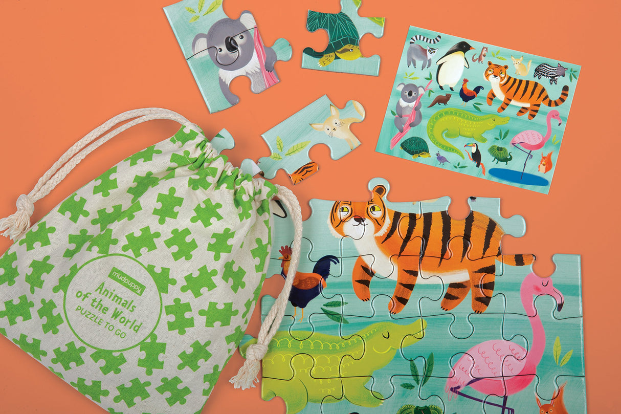 Mudpuppy Animals of The World to Go Puzzle, 36 Pieces – Great for Kids Ages 3+ - Perfect for Travel, Easy Clean-Up, Packaged in Secure, Reusable Fabric Bag Mudpuppy