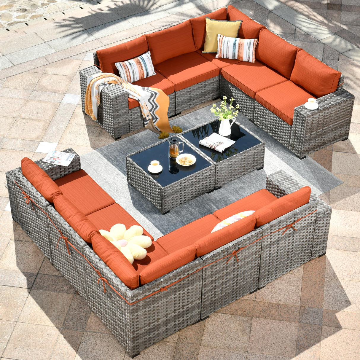 HOOOWOOO 12 Piece Modular Patio Outdoor Sectional Furniture Sofa Set,Wicker Conversation Set,Out Door Couch Set with Wide Arm for Outside All Weather(Orange Red) HOOOWOOO