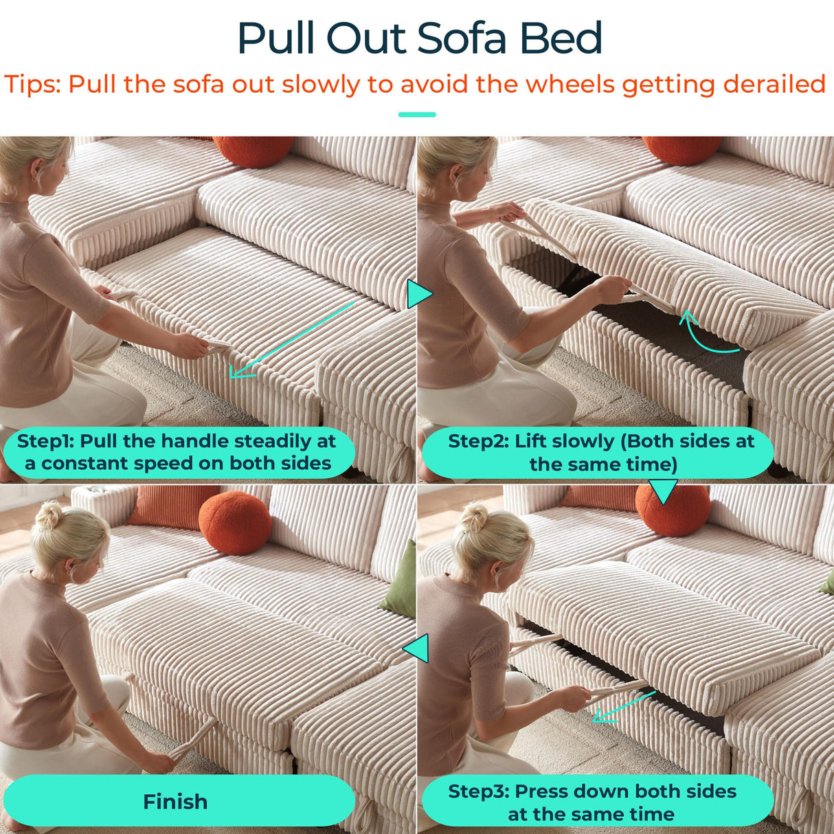 LINSY HOME Sectional Sleeper Sofa with Pull Out Couch Bed - Convertible Plush Corduroy Cloud Couch with Storage Chaise & USB Charging, Comfy U Shaped Modular Couches for Living Room, Beige LINSY HOME