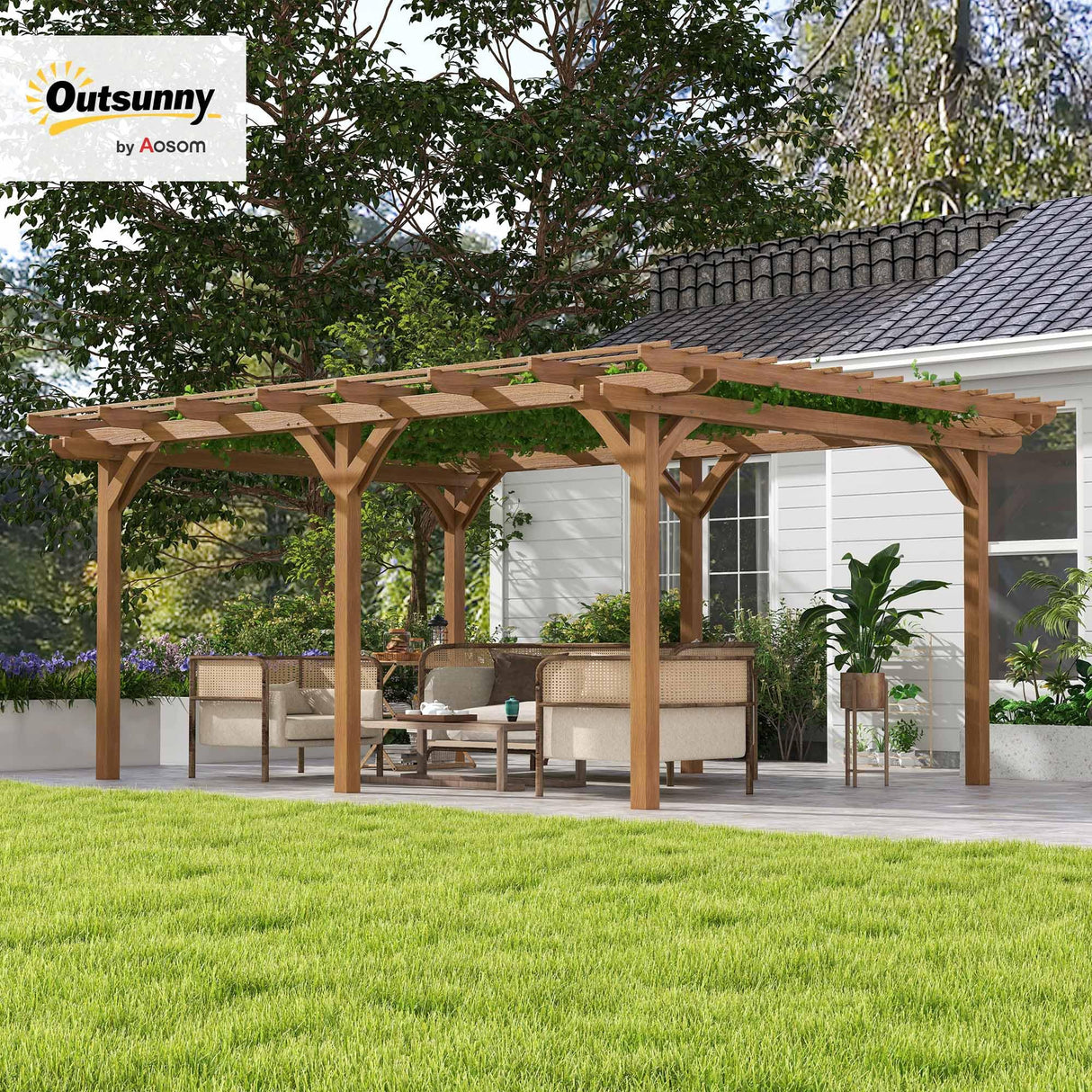 Outsunny 12' x 16' Outdoor Pergola, Wood Gazebo Grape Trellis with Stable Structure for Climbing Plant Support, Garden, Patio, Backyard, Deck Outsunny