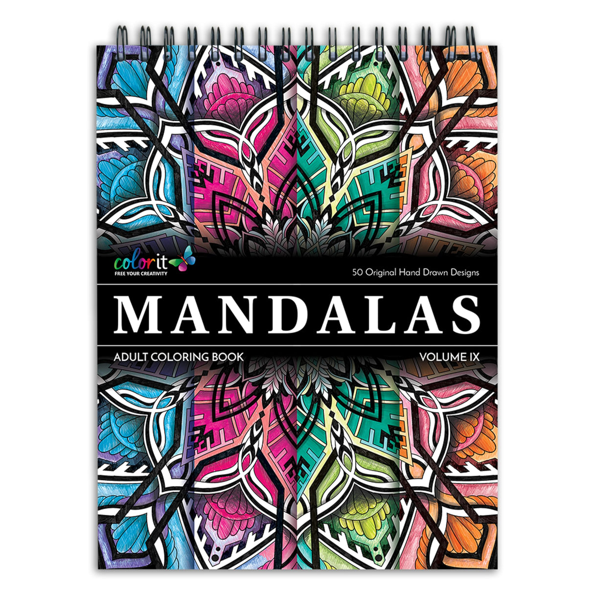 ColorIt Mandalas Volume IX Spiral Bound Adult Coloring Book with 50 Mandala Patterns for Relaxation and Stress Relief - Includes Perforated Pages, Thick Paper, Hardback Covers, and Blotter Page ColorIt