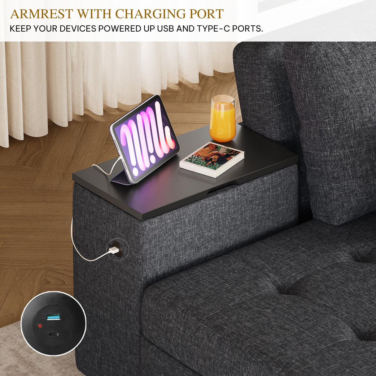 YITAHOME Queen Size Sleeper Sofa, 5-in-1 Convertible Sofa Bed Couch with 2 Storage Cabinets and USB Ports, 100" Sectioanl Sofa Couch with 2 Throw Pillow for Living Room, Grey Linen Fabric YITAHOME