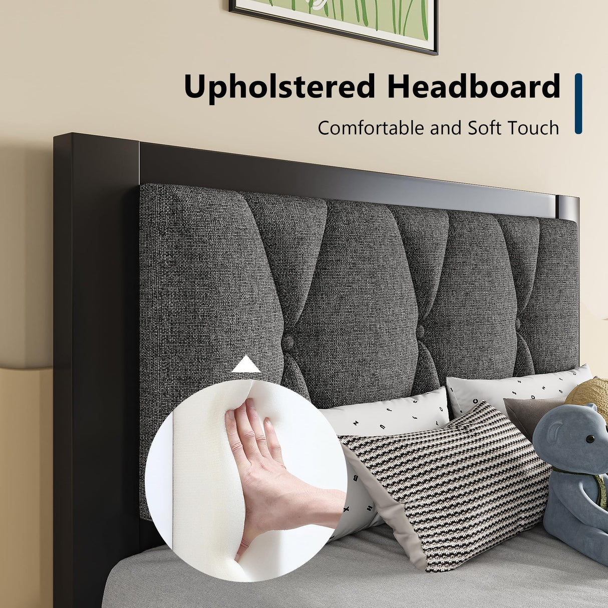 GalnFu Twin Metal Bed Frames, Upholstered Platform Bed Frame with Linen Button Tufted Headboard, No Box Spring Needed, Easy Assembly, Dark Grey GalnFu