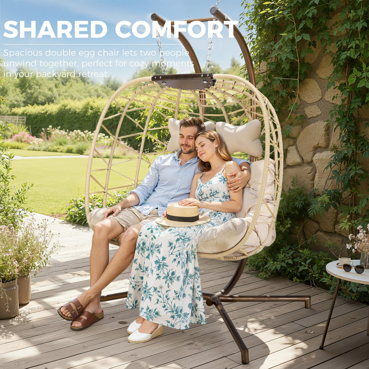 NICESOUL Oversized 2 Person Double Egg Chair Indoor Outdoor, Wide Large Swing Chair with Stand, All-Weather Patio Hanging Egg Hammock Seating, 700lbs Sturdy Porch Swings for Backyard, Cream with Cover NICESOUL