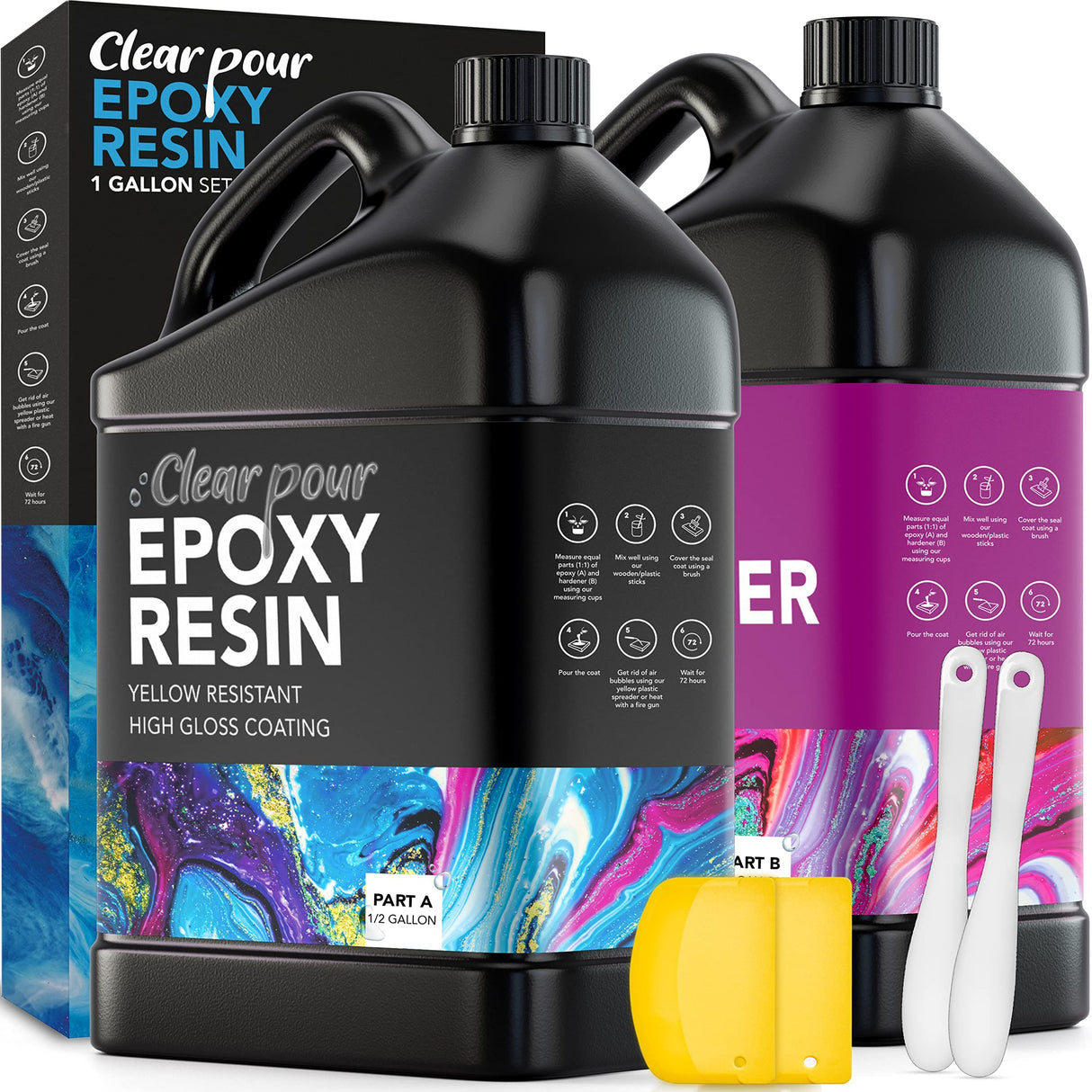 Clear Pour 1 Gallon Epoxy Resin Kit - Premium Clear Epoxy Resin for Countertop, Table Top, Art, Craft, DIY, Tumblers, Wood & Resin Molds (0.5 Gallon x 2) Clear Pour