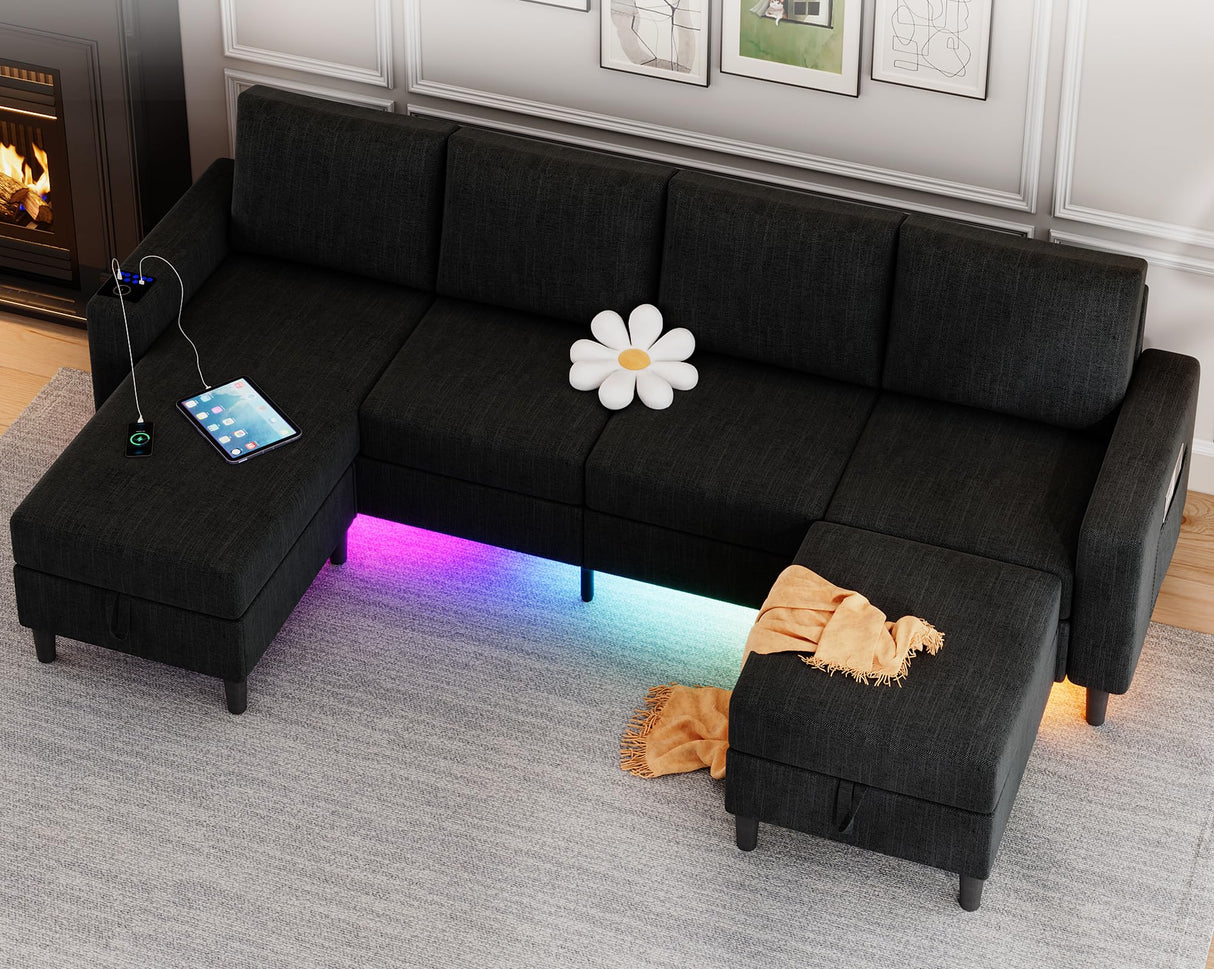 HYZQ Sectional Couches for Living Room, 4 Seat Linen Sectional Sofa with Reversible Chaise Lounge/Storage Ottoman, U Shaped Couch with Smart Module-Wireless Charging/USB/Type-C/RGB Light (Black) HYZQ