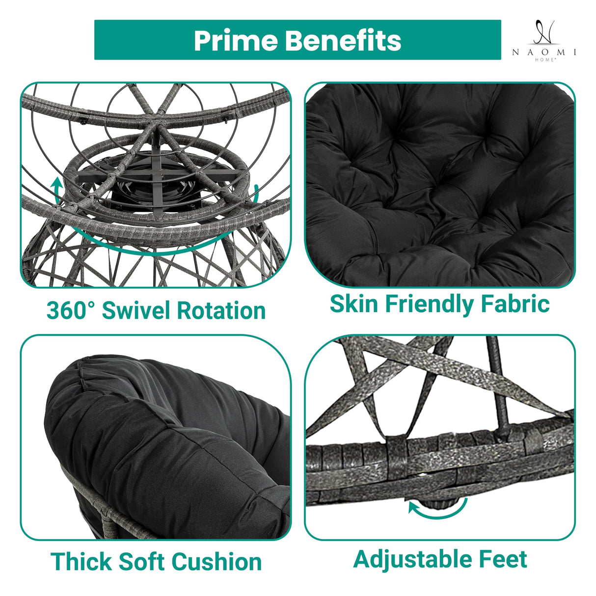 Naomi Home Barcelona Oversized Papasan Chair with Cushion and Frame – Round Wicker Indoor Egg Chair, 360° Swivel Circle Nest Lounge – Bedroom Corner Chair for Adults - Black/Dark Gray Naomi Home